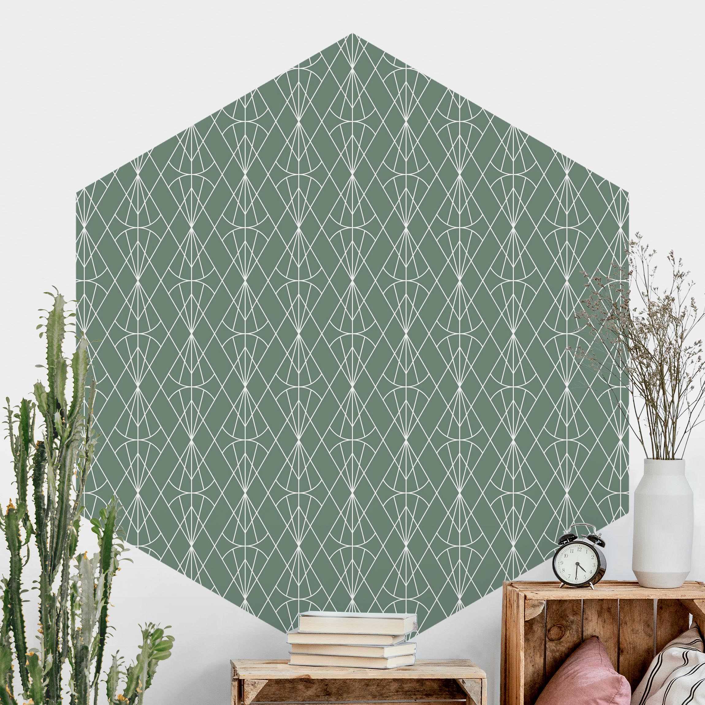 Hexagon Mustertapete Art Deco Diamant Muster vor Grün XXL