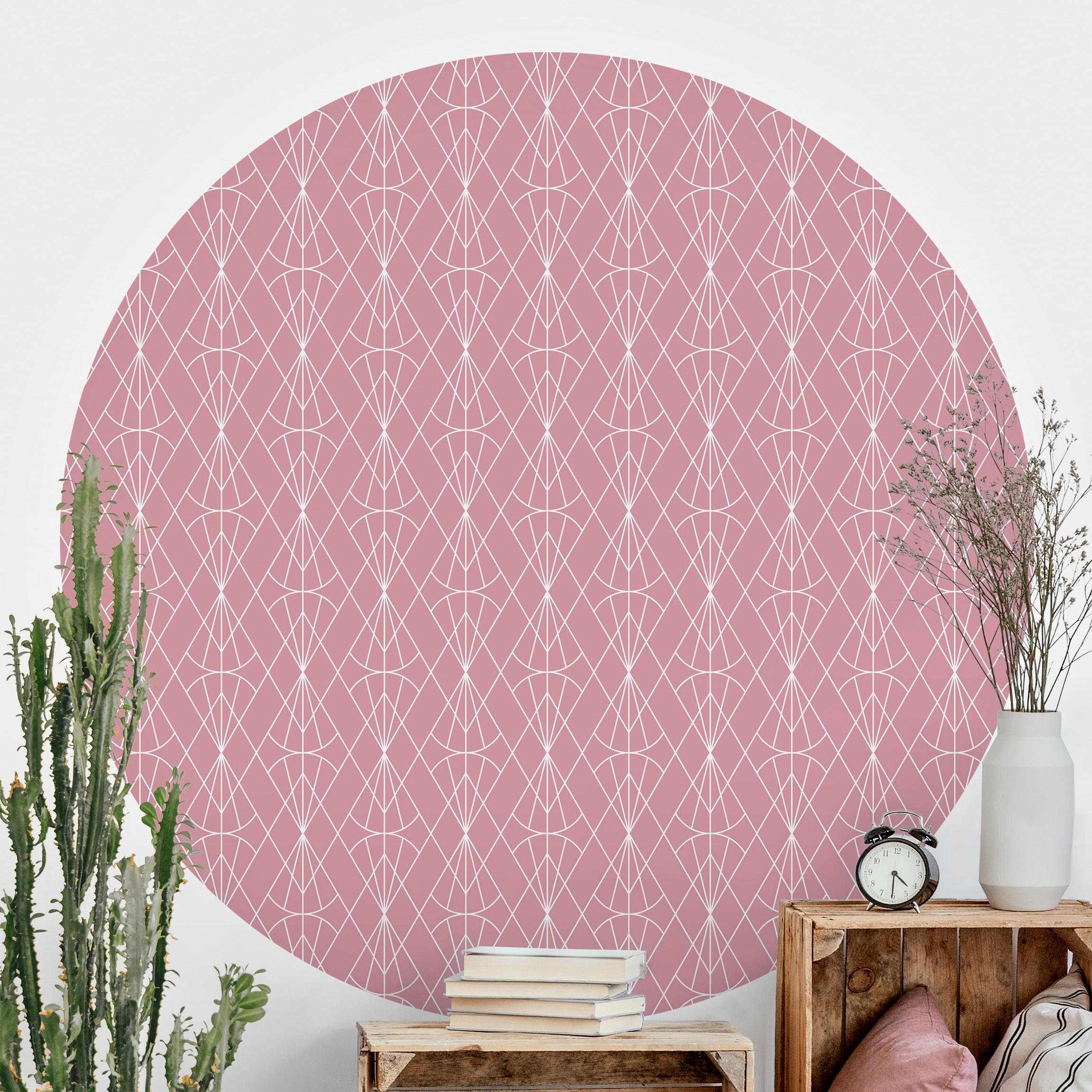 Runde Mustertapete Art Deco Diamant Muster vor Rosa XXL
