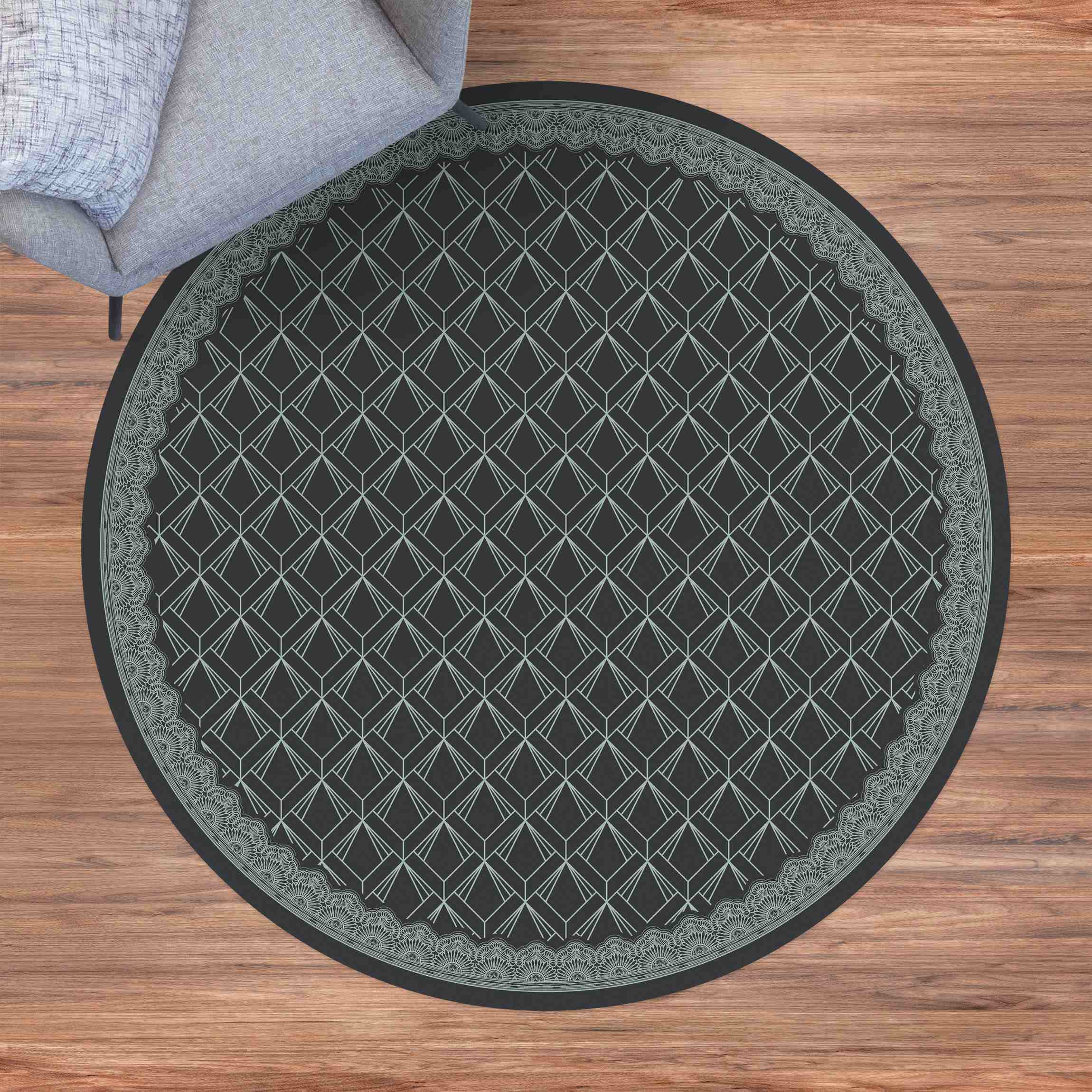 Runder Vinyl-Teppich Art Deco Drachenraute mit Bordüre