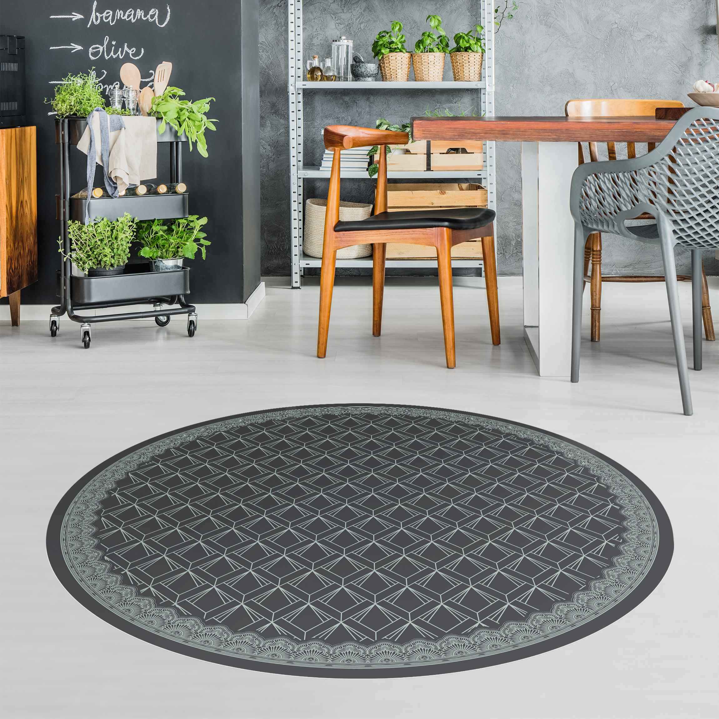 Runder Vinyl-Teppich Art Deco Drachenraute mit Bordüre