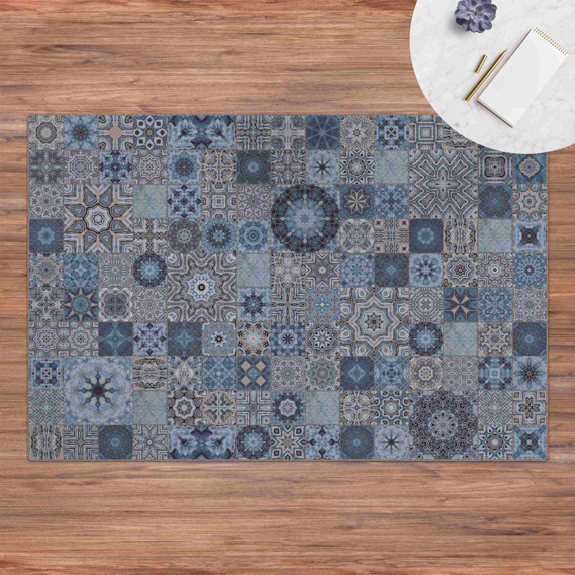 Kork-Teppich Art Deco Fliesen Blaugrau Marmor mit Goldschimmer