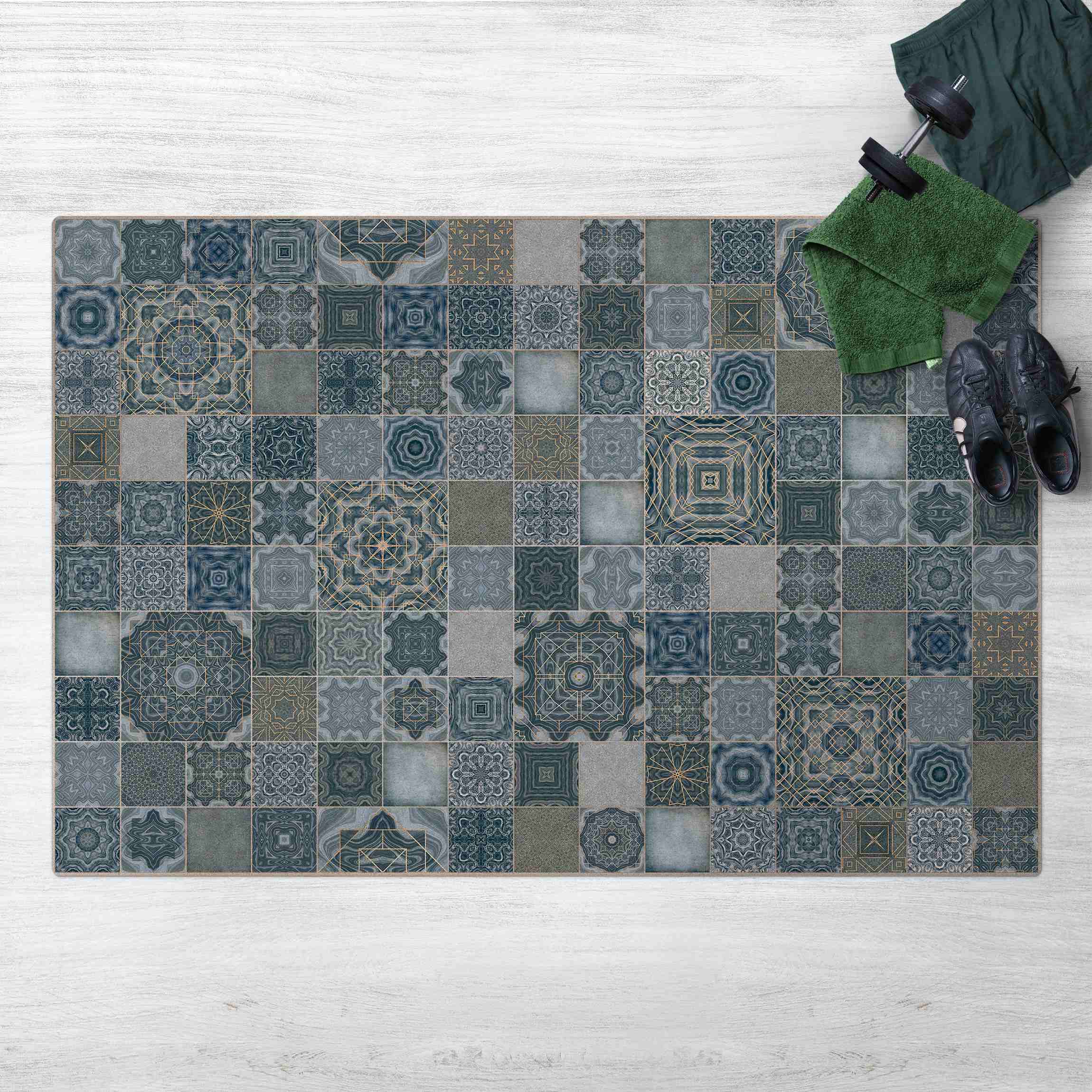 Kork-Teppich Art Deco Fliesen Blaugrün Marmor mit Goldschimmer