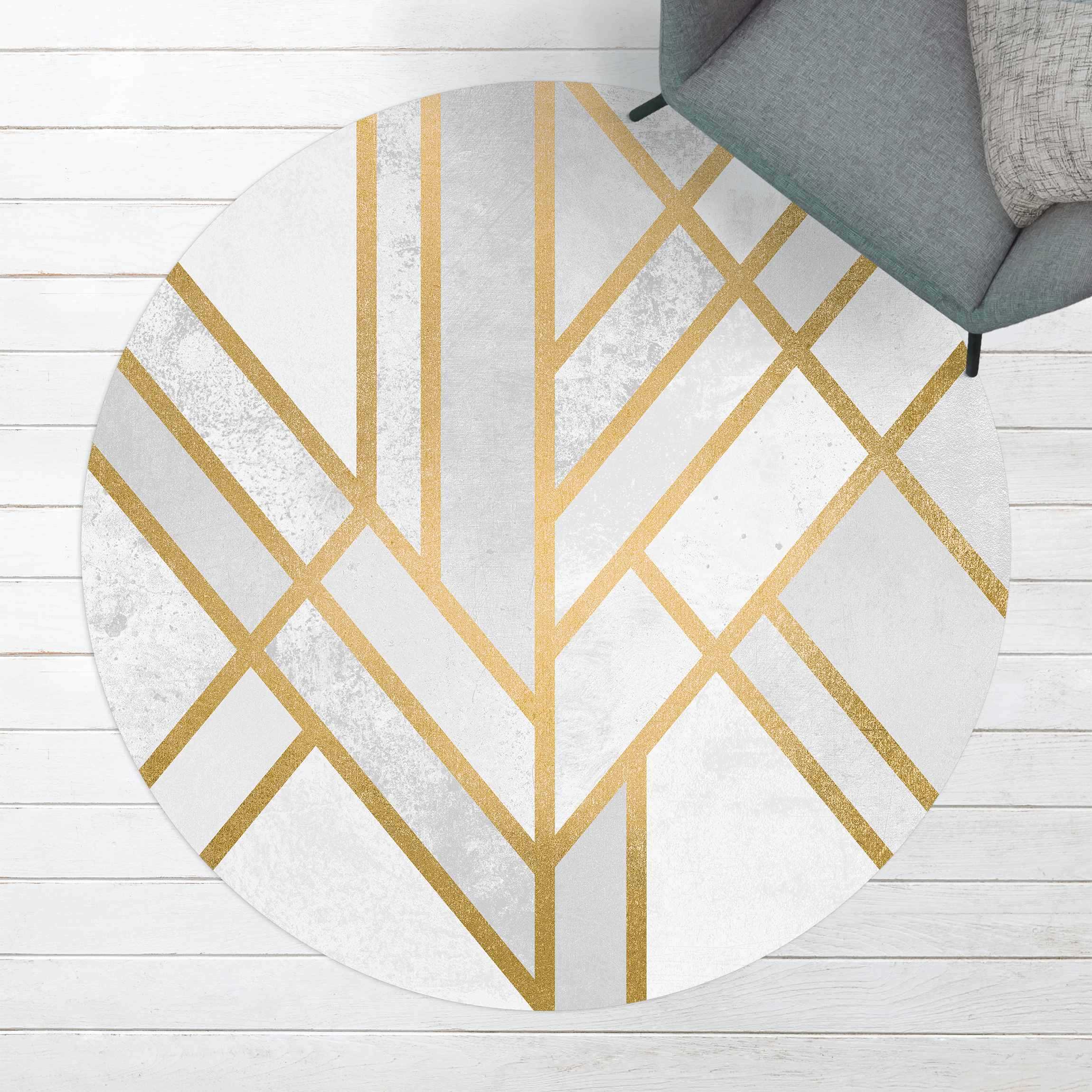 Runder Vinyl-Teppich Art Deco Geometrie Weiß Gold
