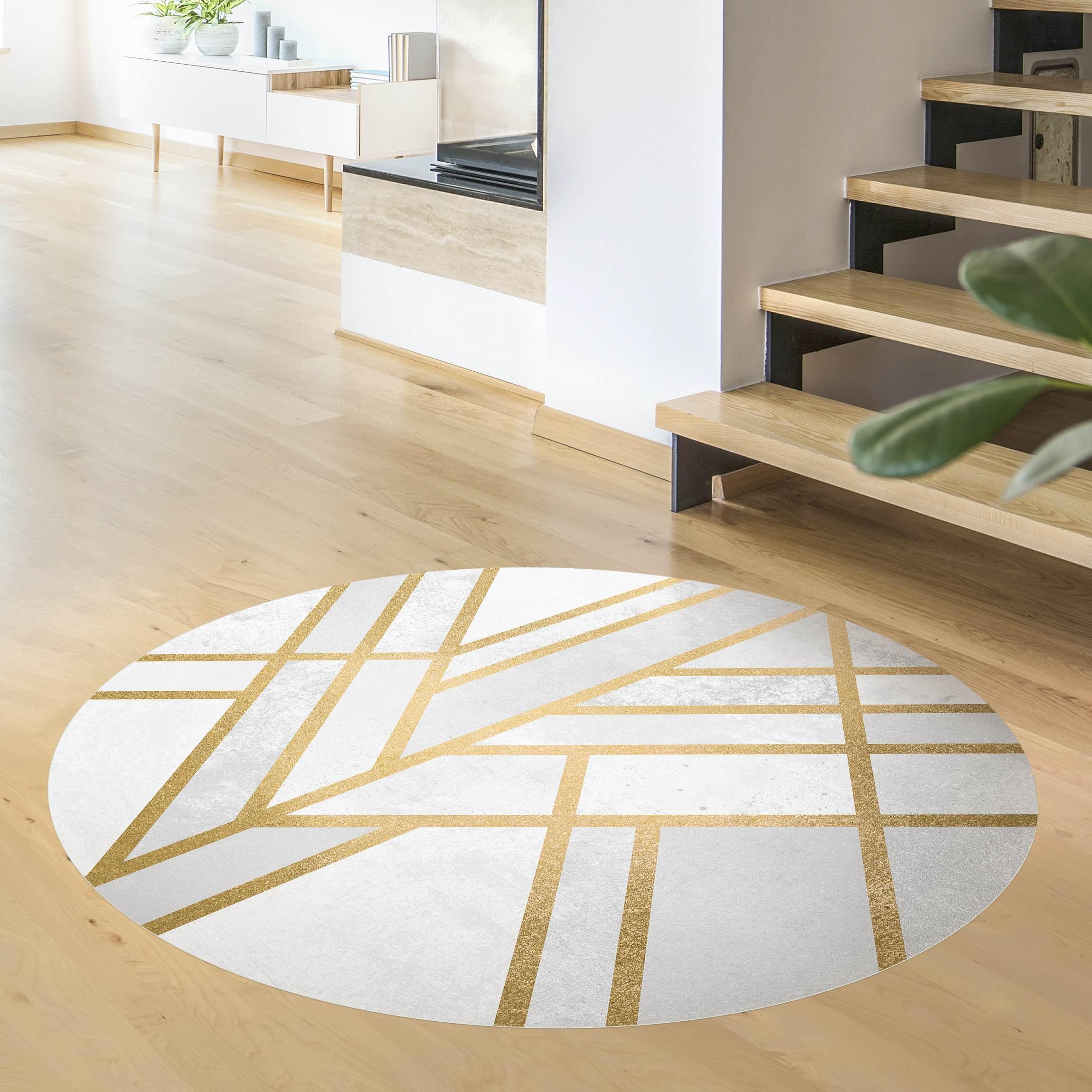 Runder Vinyl-Teppich Art Deco Geometrie Weiß Gold