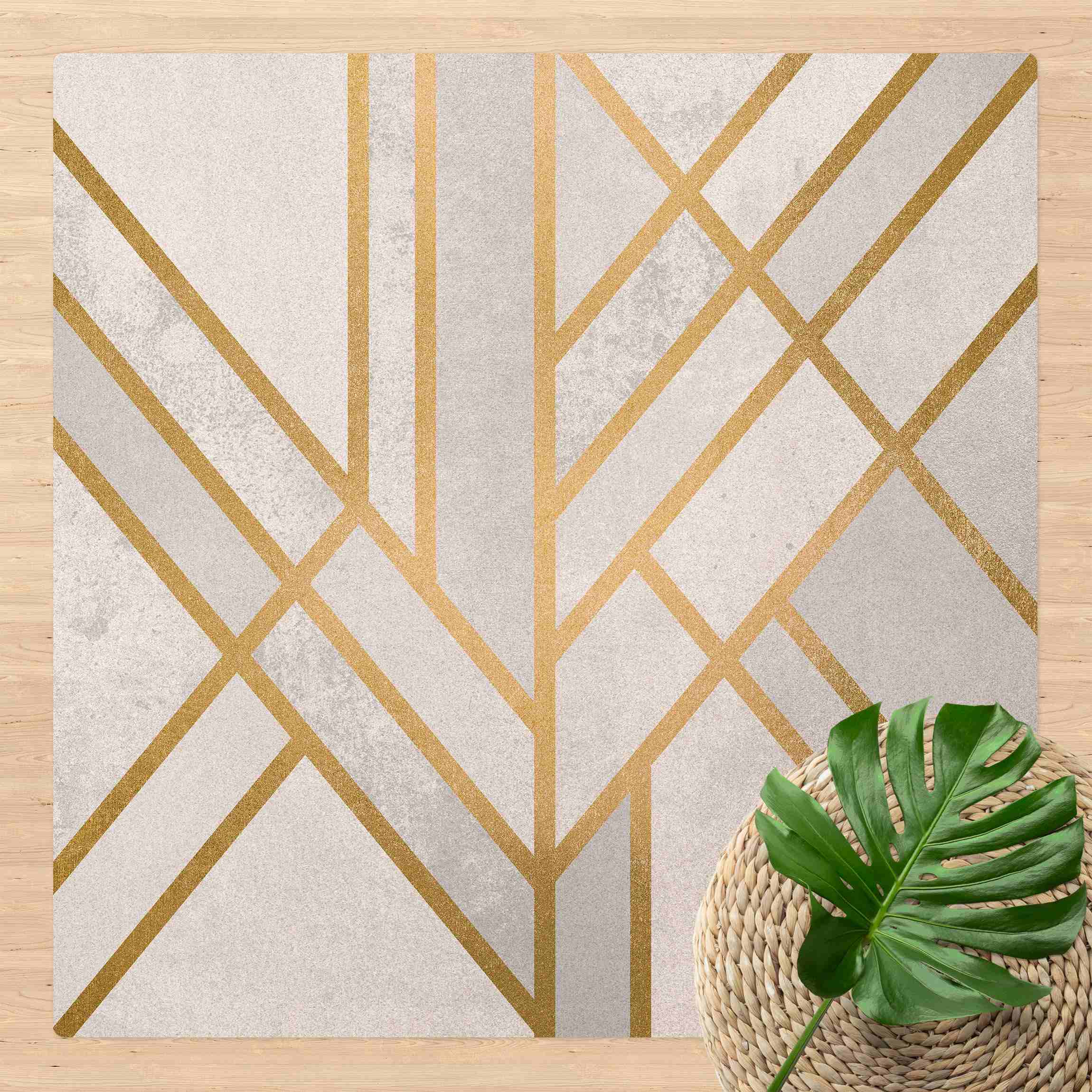 Kork-Teppich Art Deco Geometrie Weiß Gold