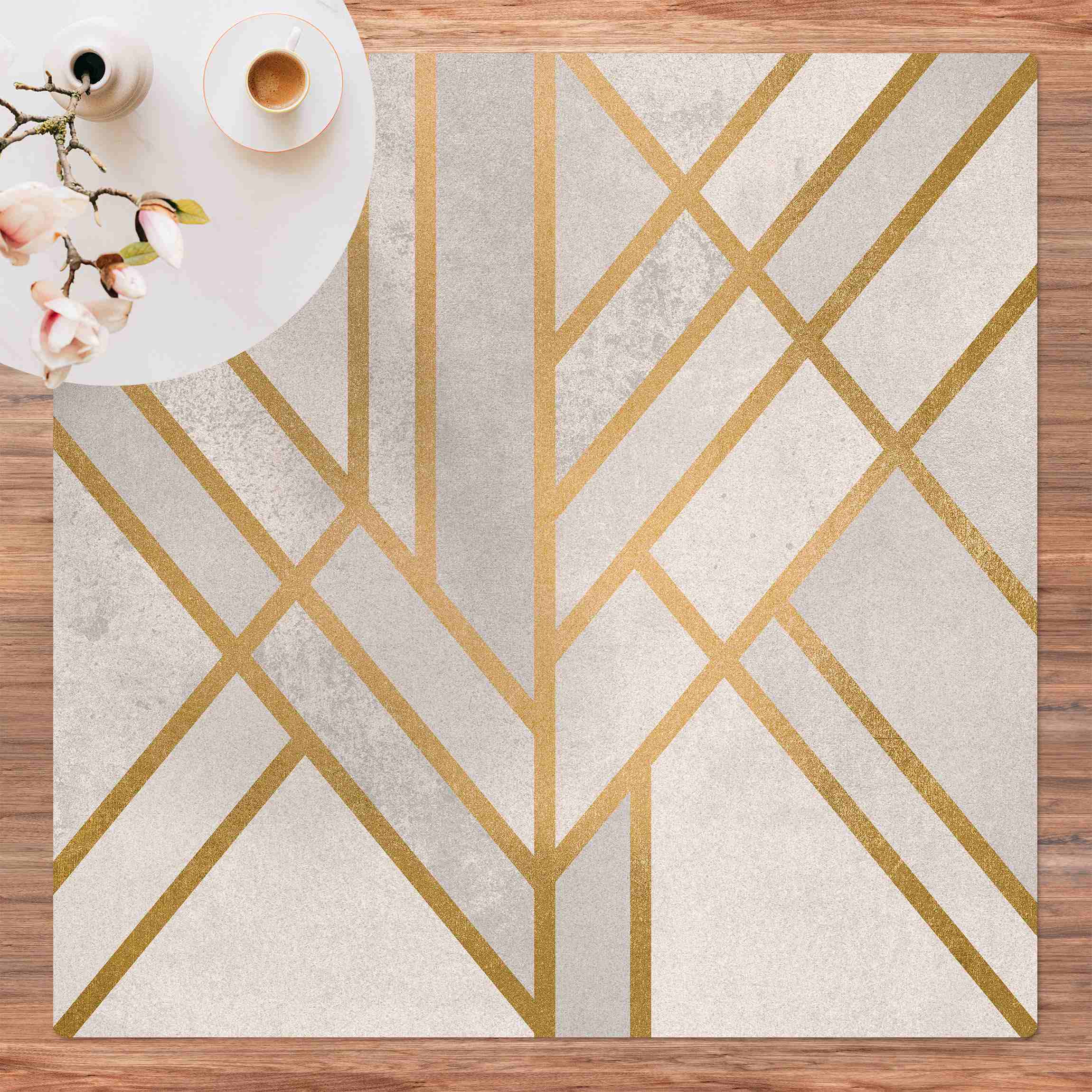 Kork-Teppich Art Deco Geometrie Weiß Gold