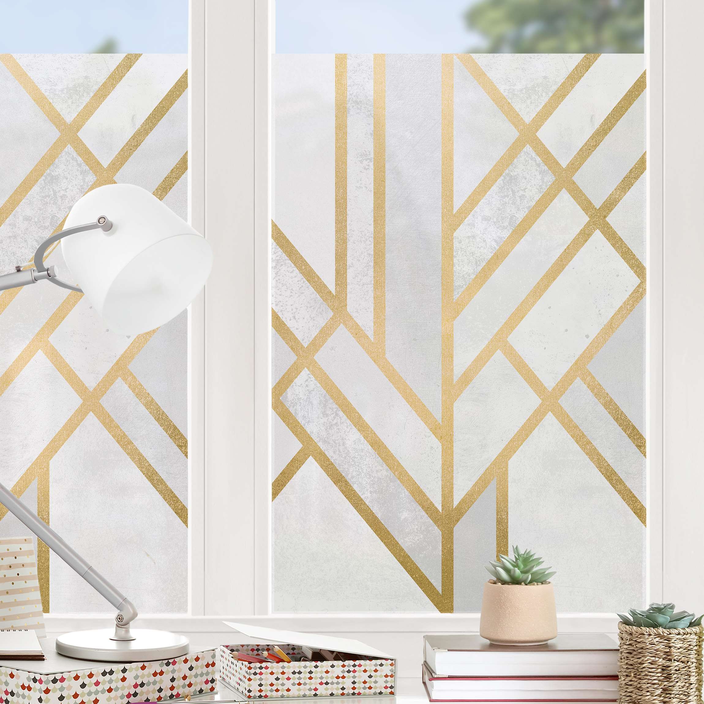 Fensterfolie Art Deco Geometrie Weiß Gold