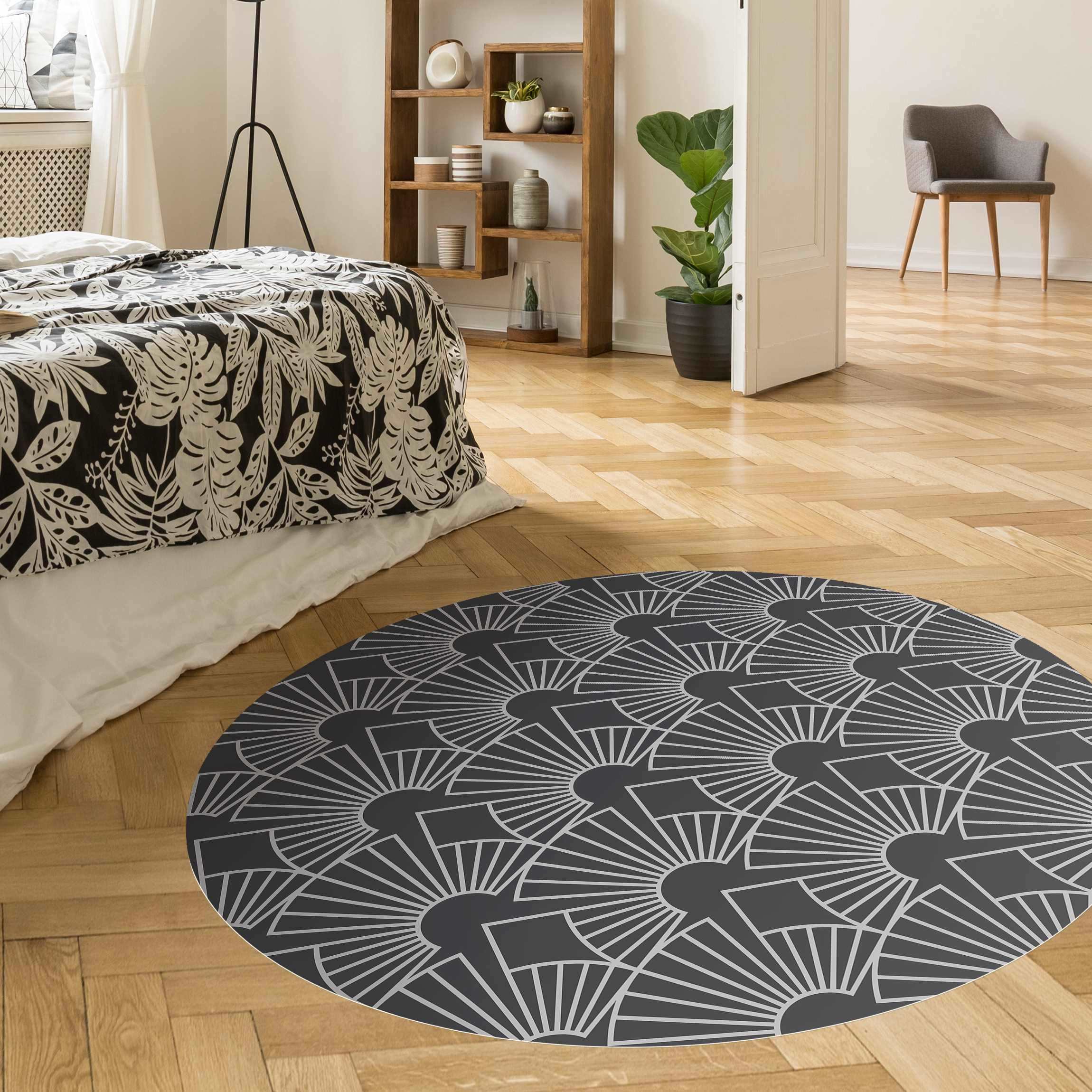 Runder Vinyl-Teppich Art Deco Strahlende Bögen Linienmuster