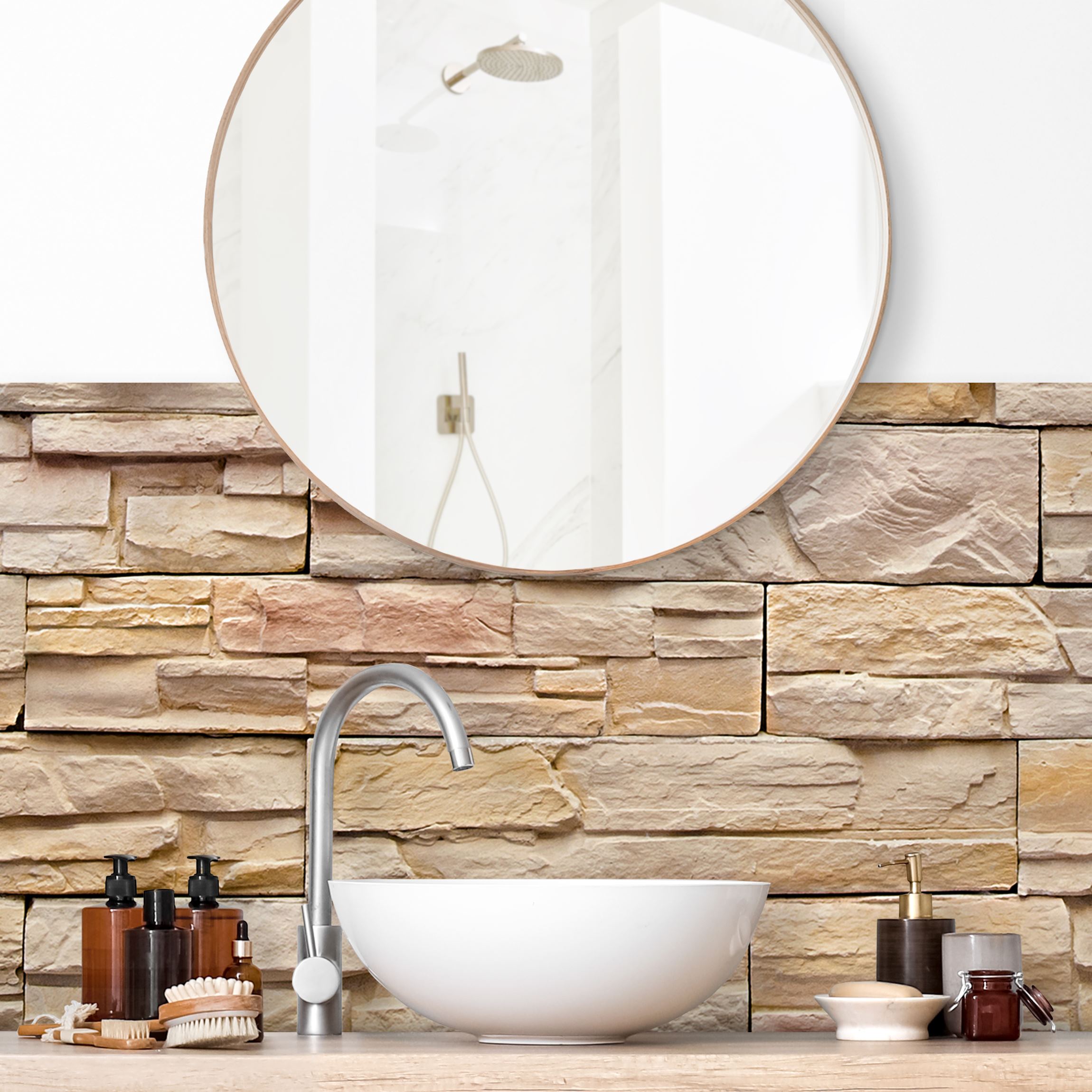 Wandverkleidung Bad Asian Stonewall - Große helle Steinmauer aus wohnlichen Steinen