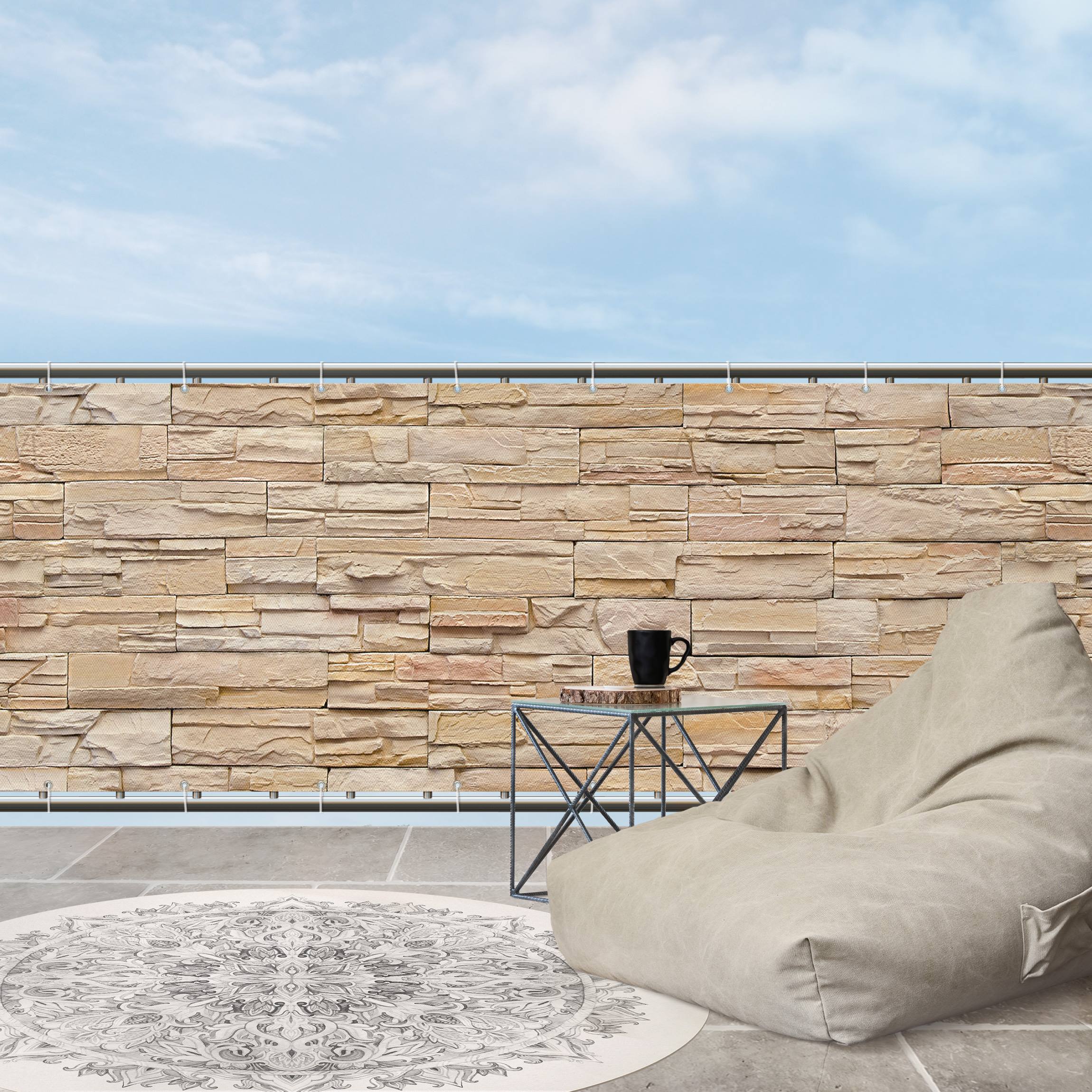 Balkon Sichtschutz Asian Stonewall - Große helle Steinmauer aus wohnlichen Steinen