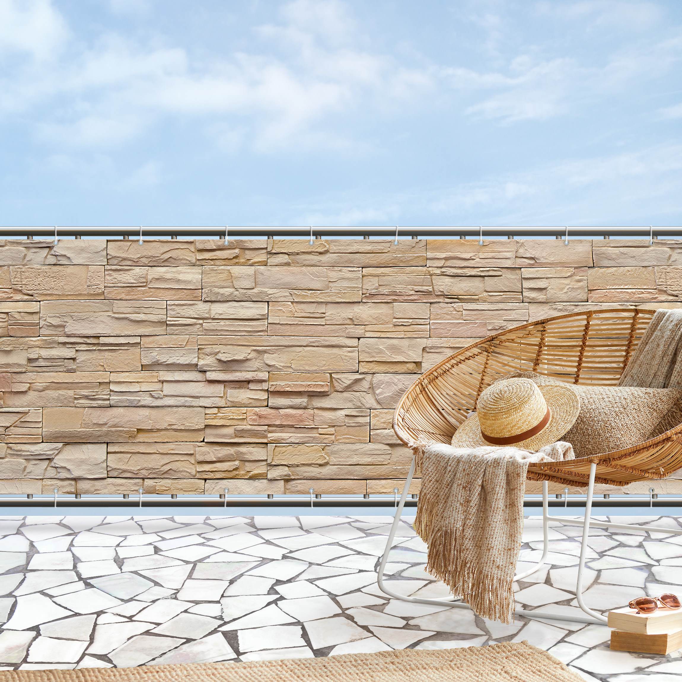 Balkon Sichtschutz Asian Stonewall - Große helle Steinmauer aus wohnlichen Steinen