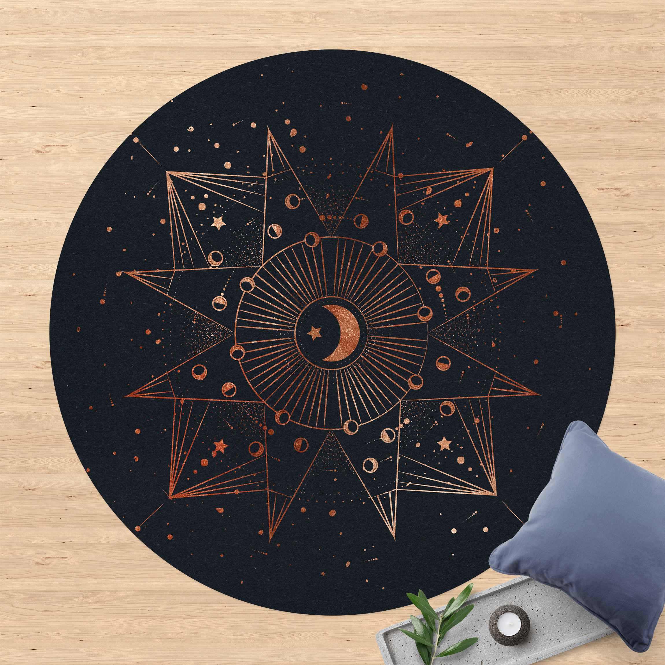 Runder Vinyl-Teppich Astrologie Mond Magie Blau Gold