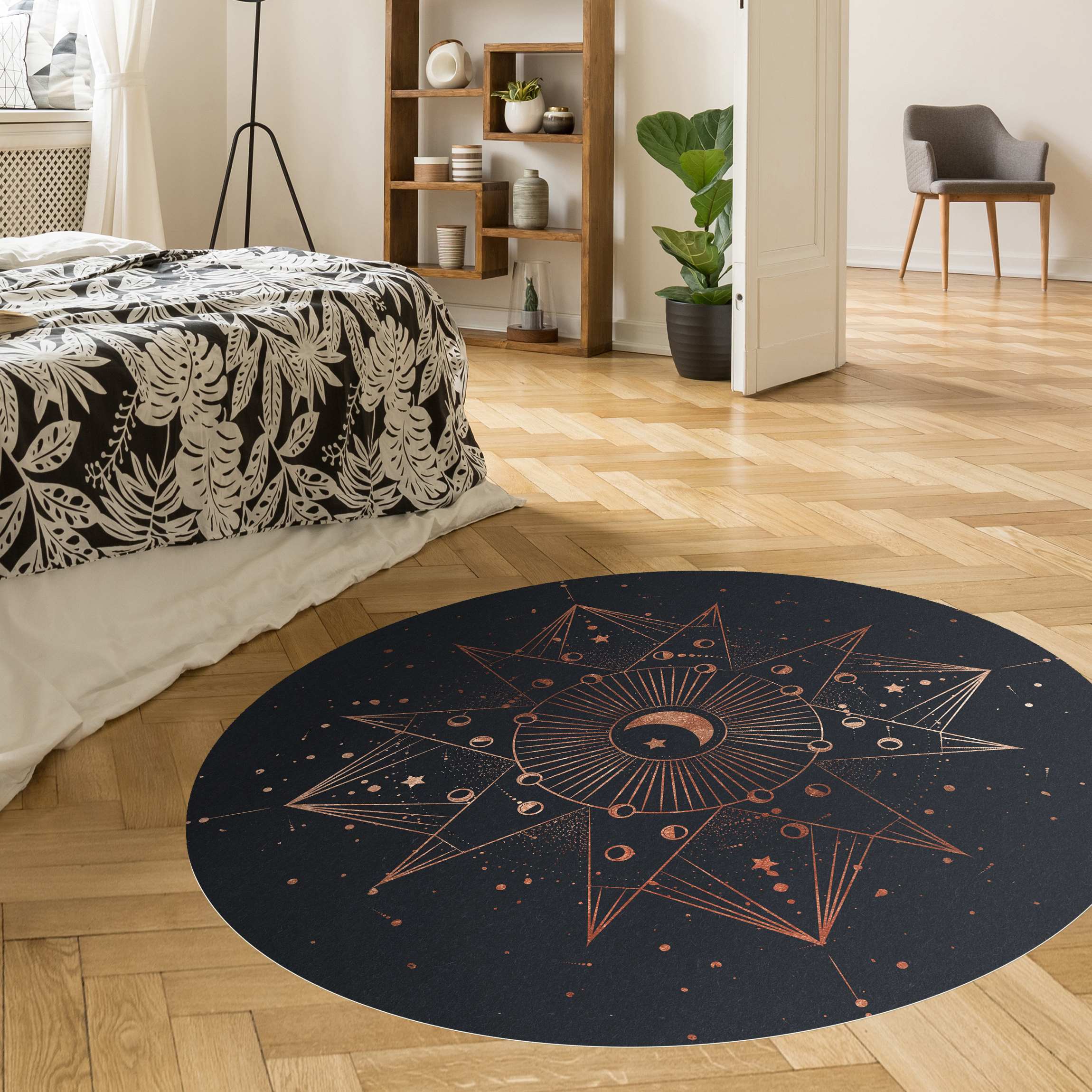 Runder Vinyl-Teppich Astrologie Mond Magie Blau Gold
