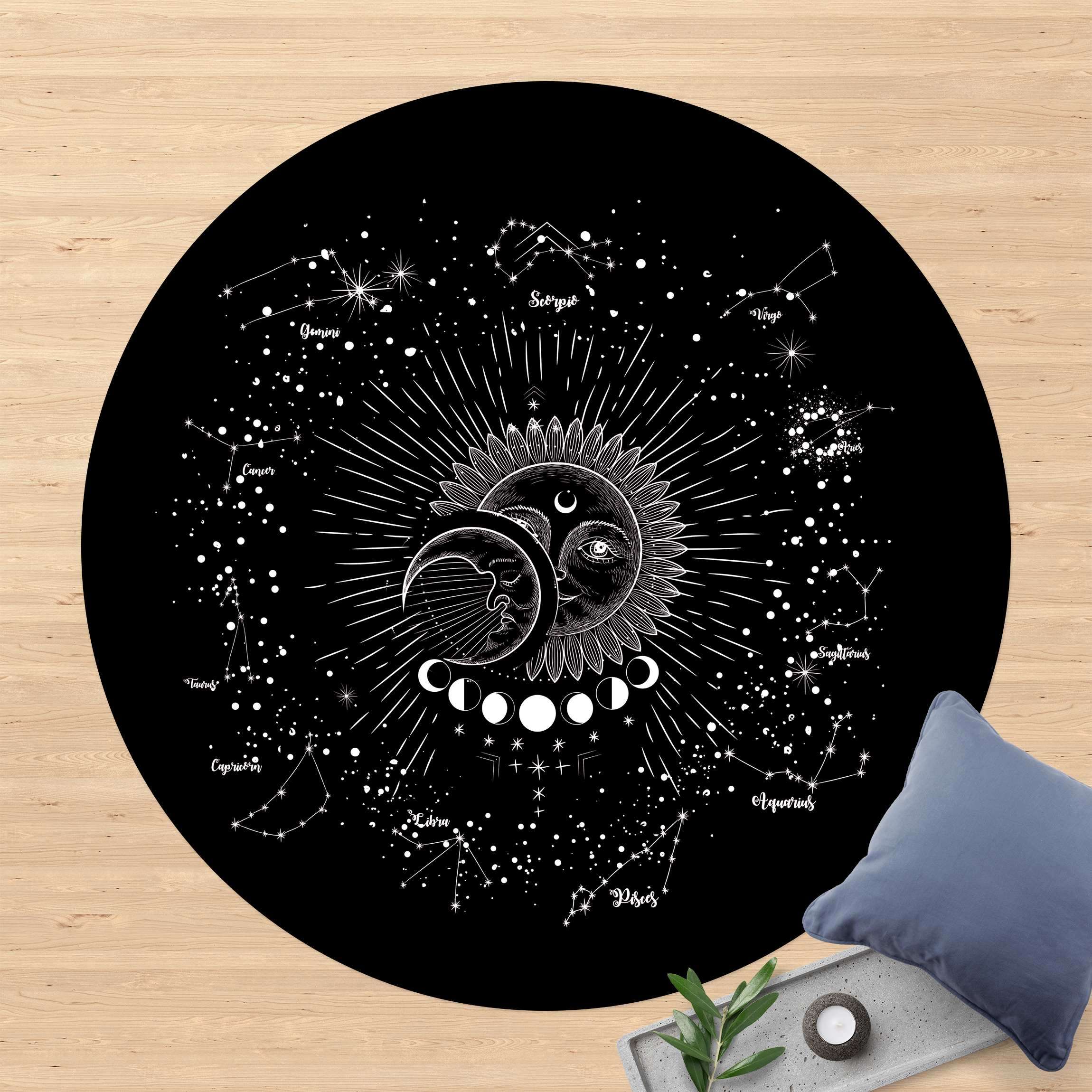 Runder Vinyl-Teppich Astrologie Sonne Mond und Sterne Schwarz