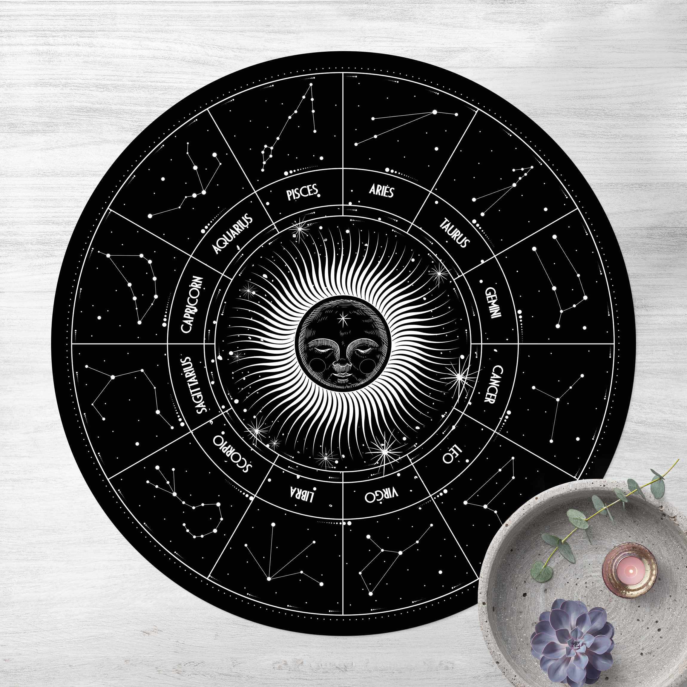Runder Vinyl-Teppich Astrologie Sternzeichen im Sonnenkreis Schwarz