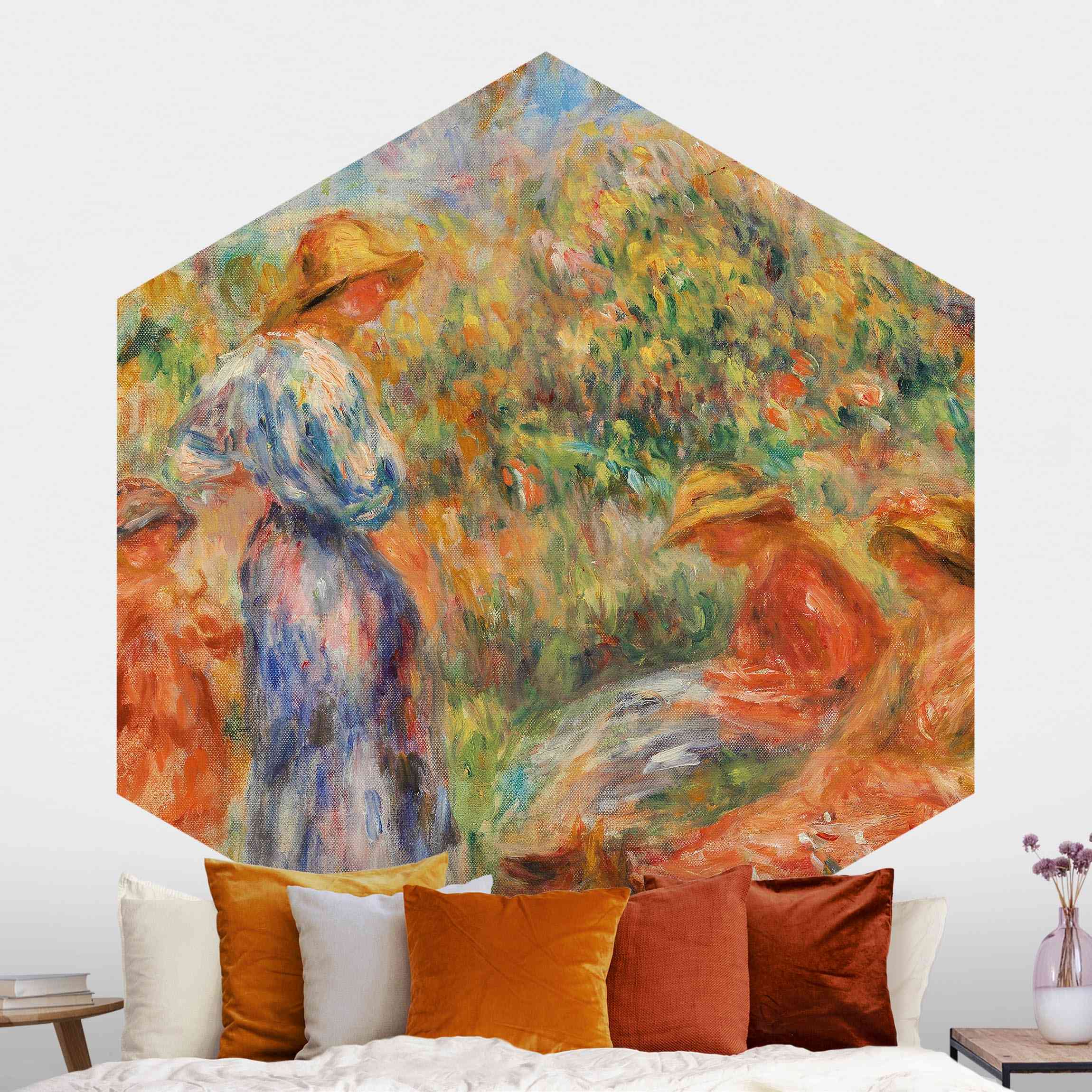Hexagon Fototapete selbstklebend Auguste Renoir - Landschaft mit Frauen und Kind