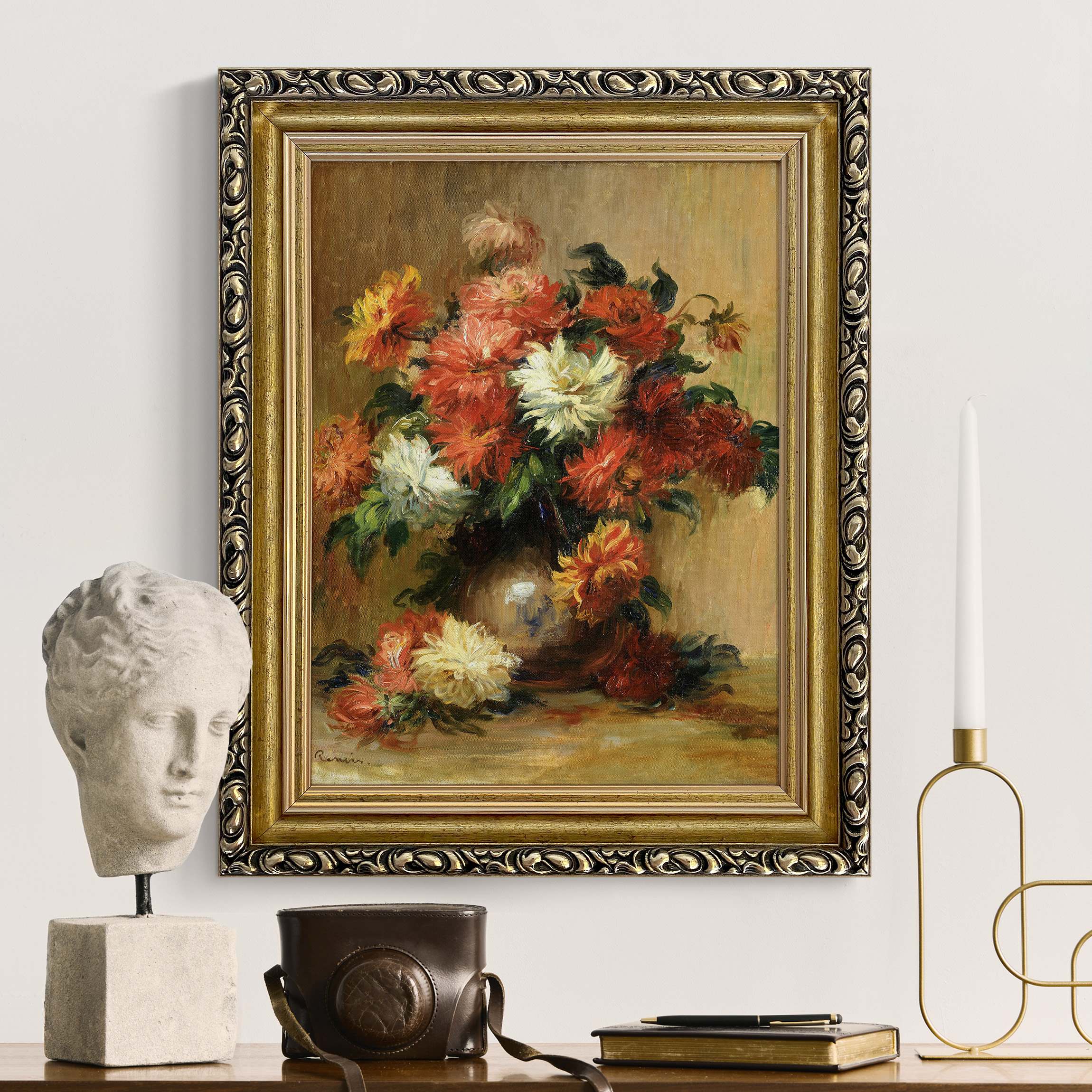 Leinwandbild mit Barockrahmen Auguste Renoir - Stillleben mit Dahlien