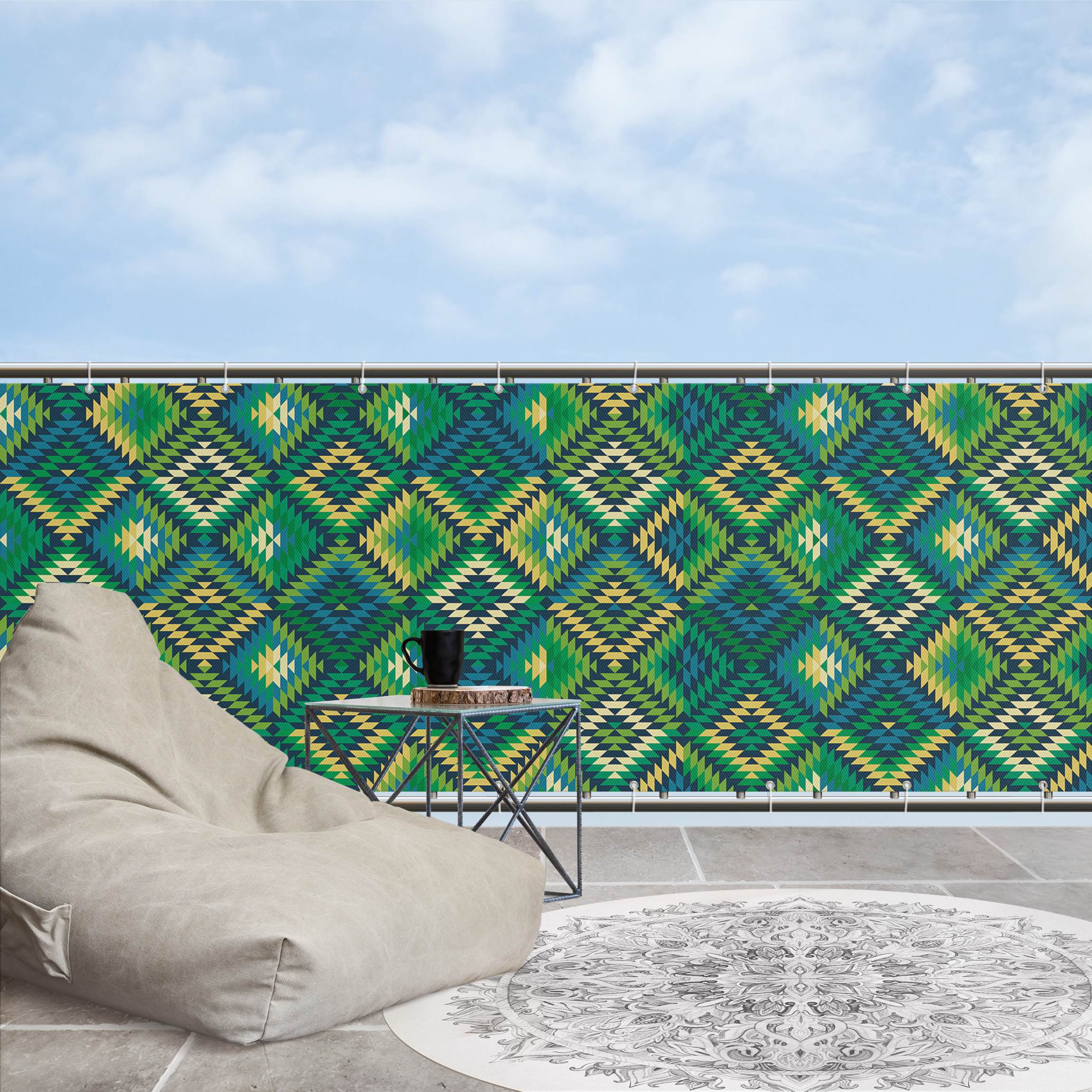 Balkon Sichtschutz Außergewöhnliches Kelim Muster in Türkis