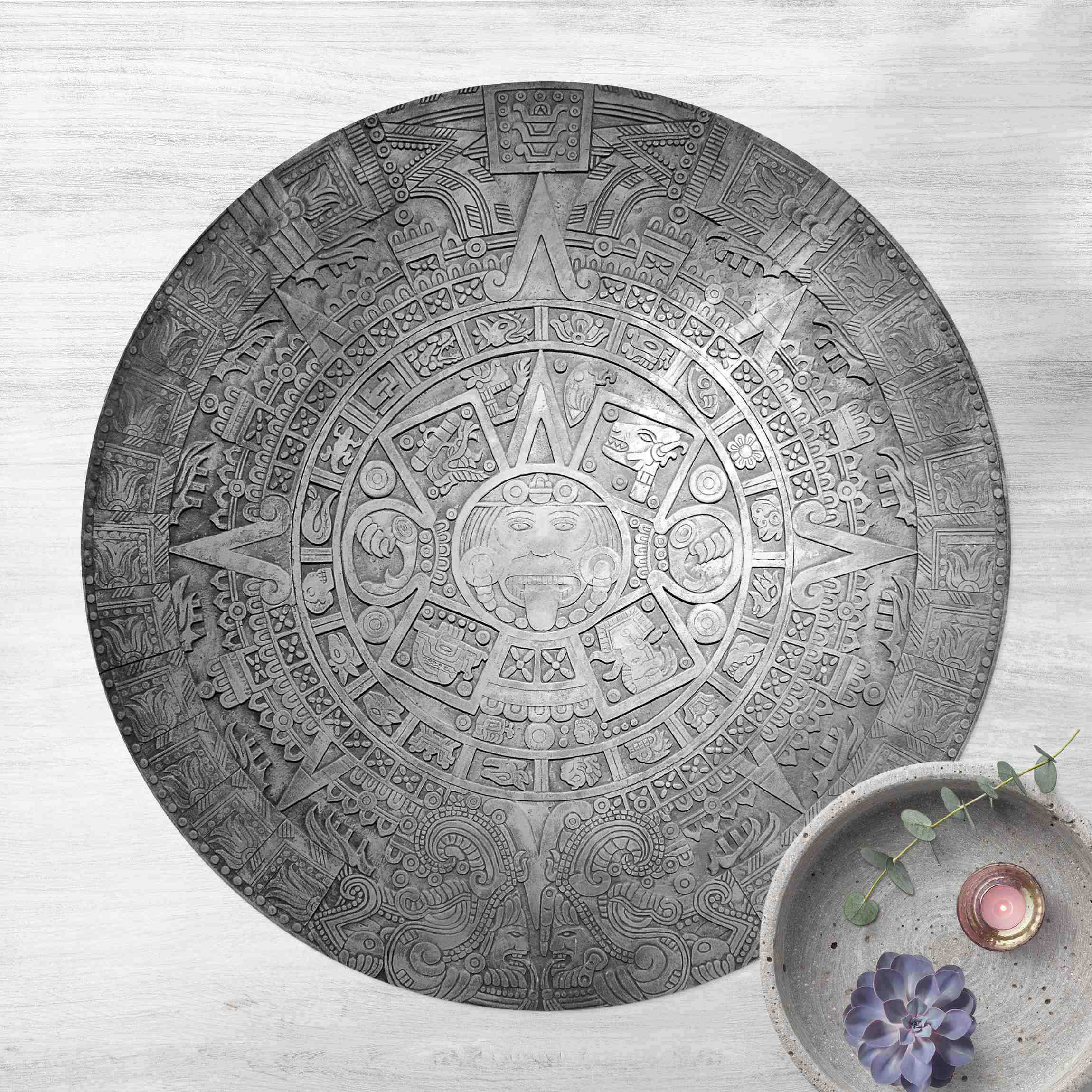 Runder Vinyl-Teppich Azteken Ornamentik im Kreis Schwarz-Weiß