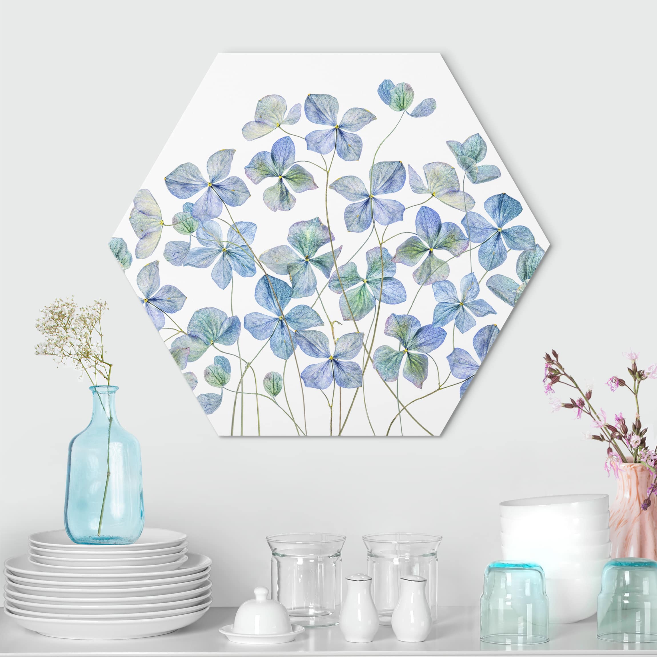 Hexagon-Alu-Dibond Bild Blaue Hortensienblüten