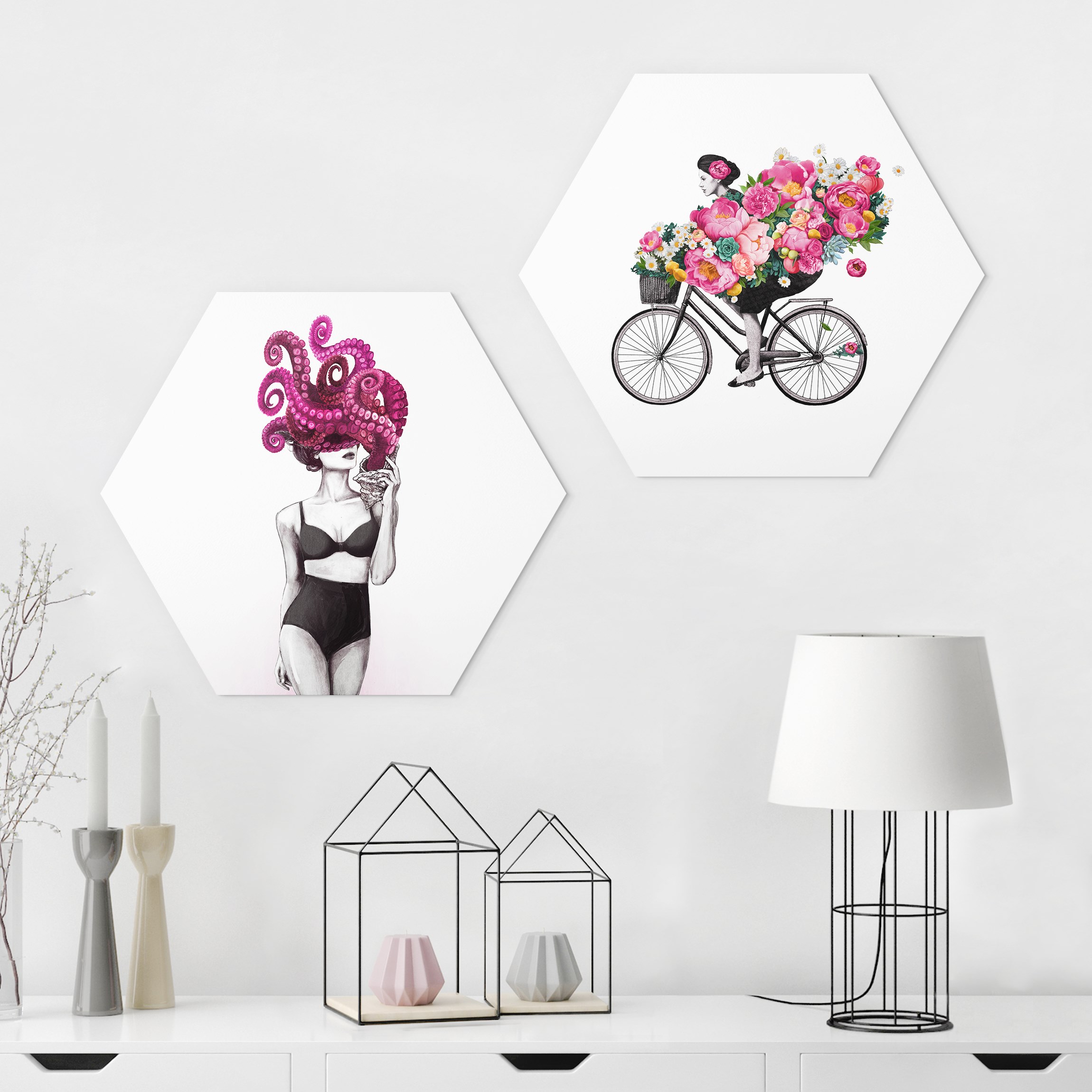 2-teiliges Hexagon-Alu-Dibond Bild Frauen Zeichnungen - Floraler Ozean