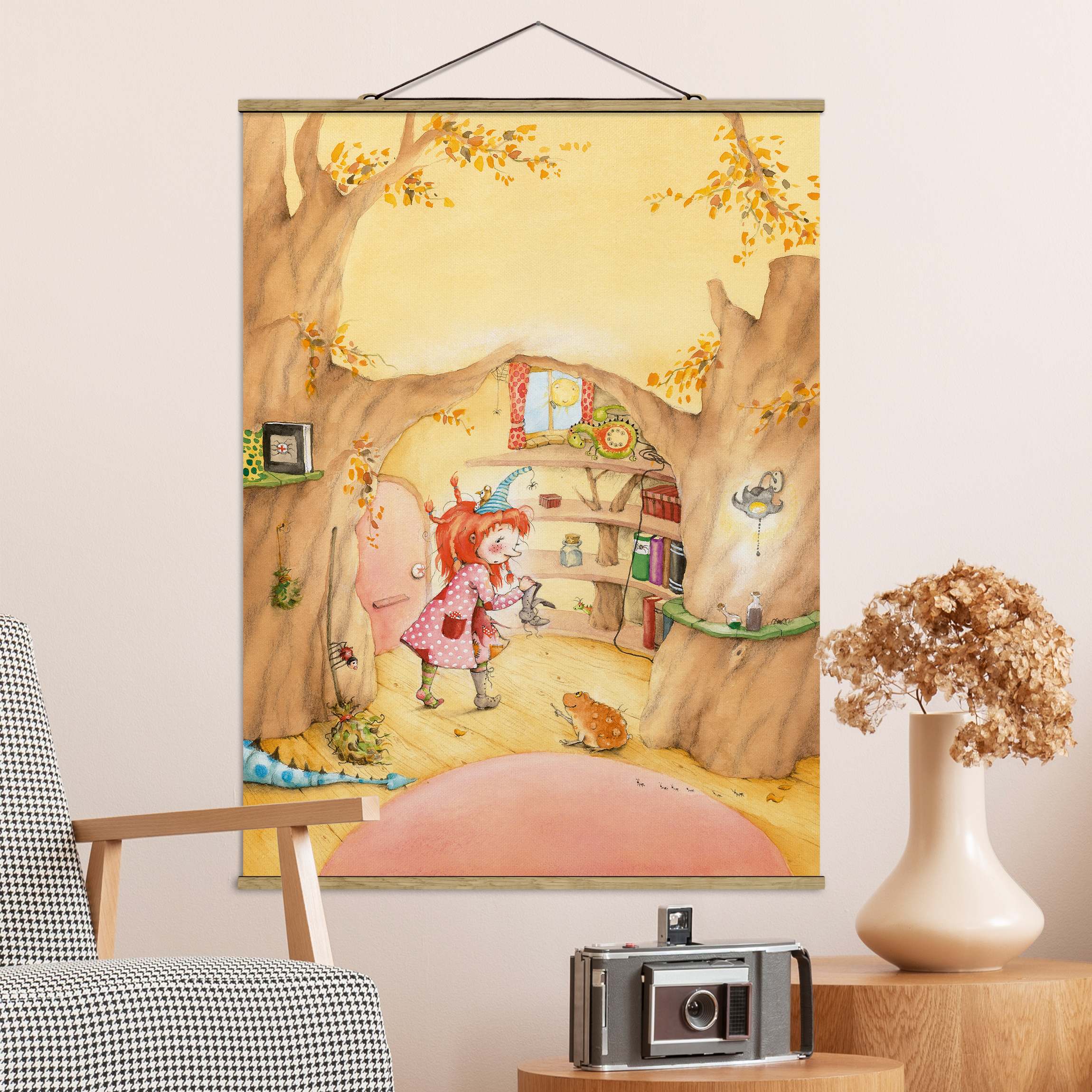 Stoffbild mit Posterleisten Frida sucht ihre Sachen