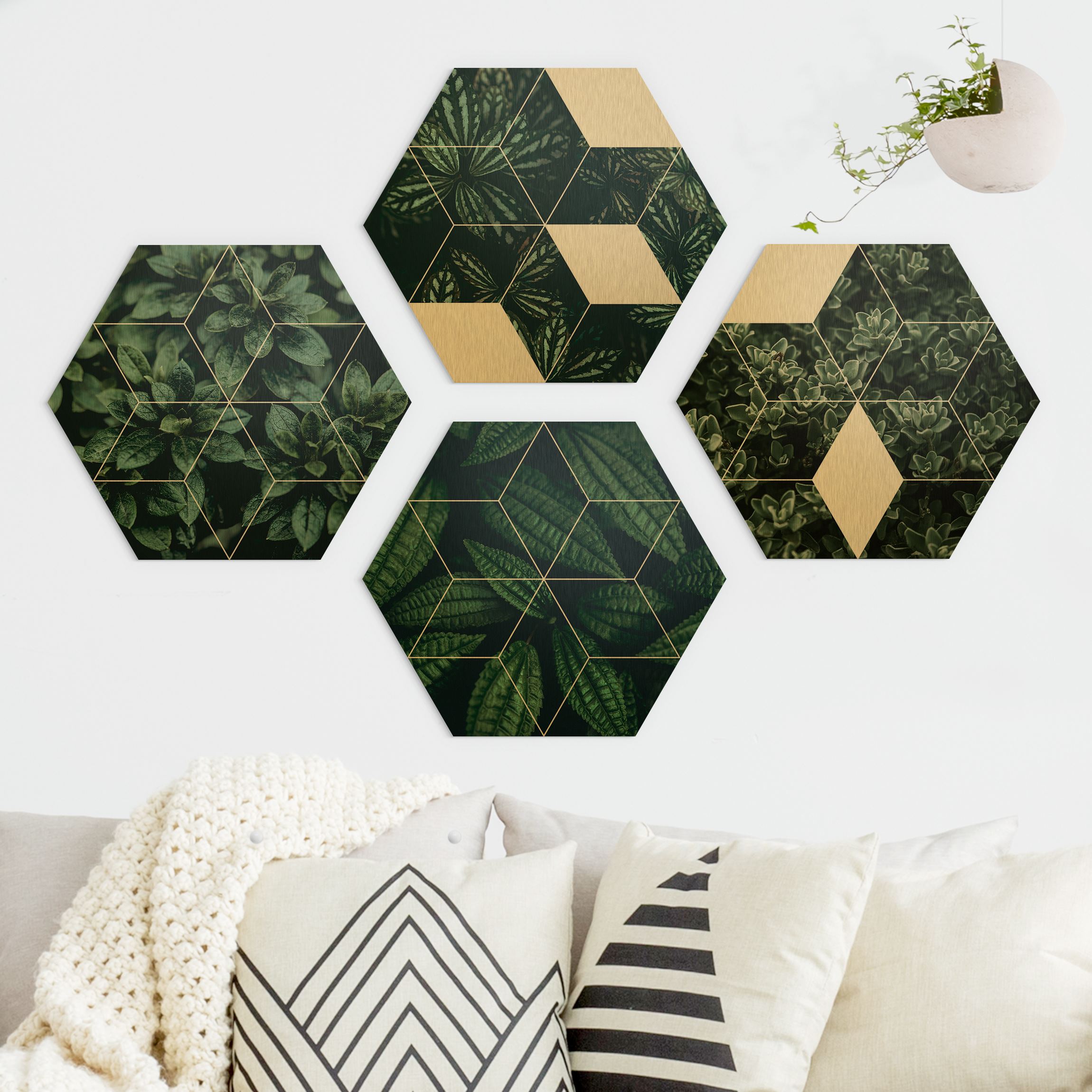 4-teiliges Hexagon-Alu-Dibond Bild Grüne Blätter Geometrie Set I