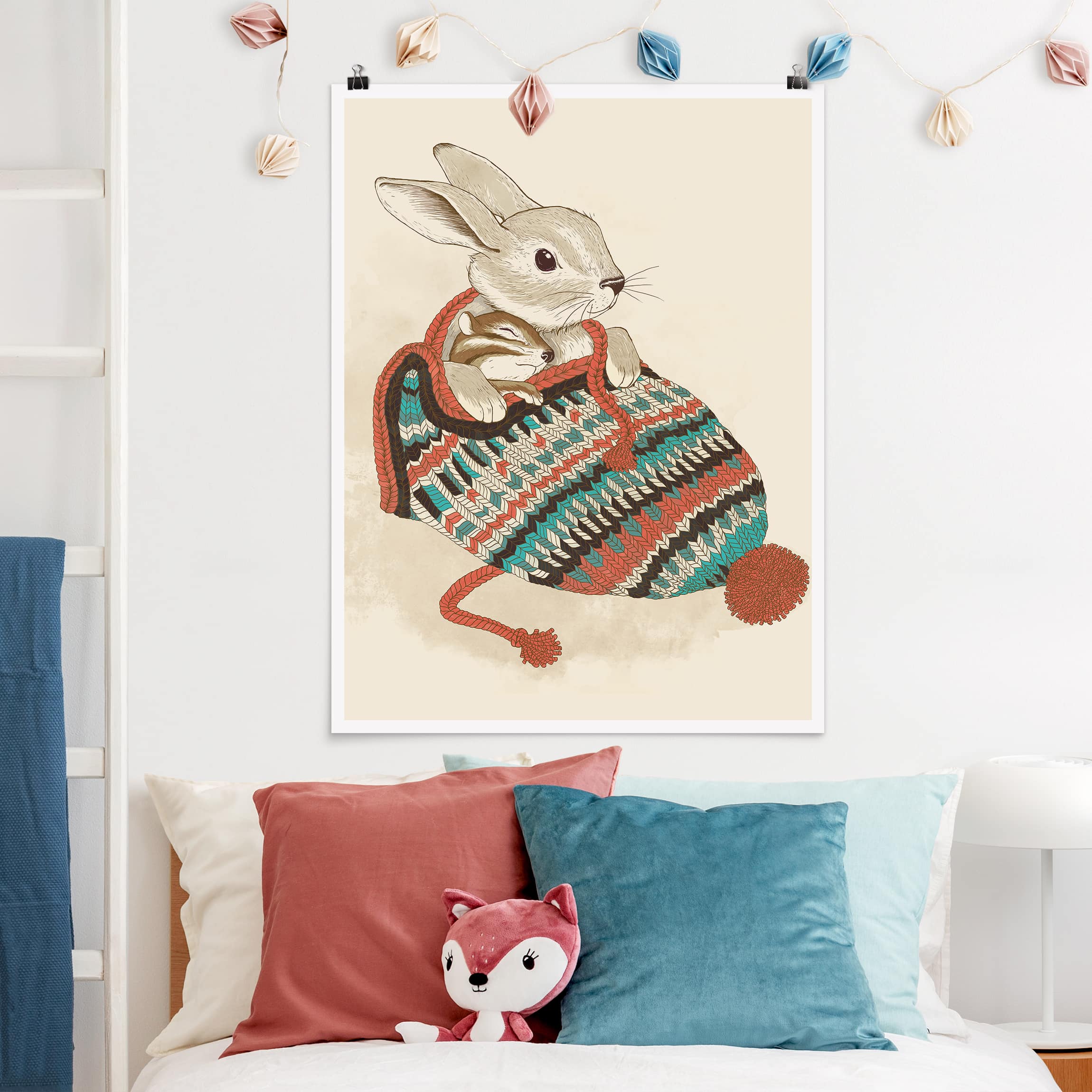 Poster Illustration Kuschelnder Hase in Mütze