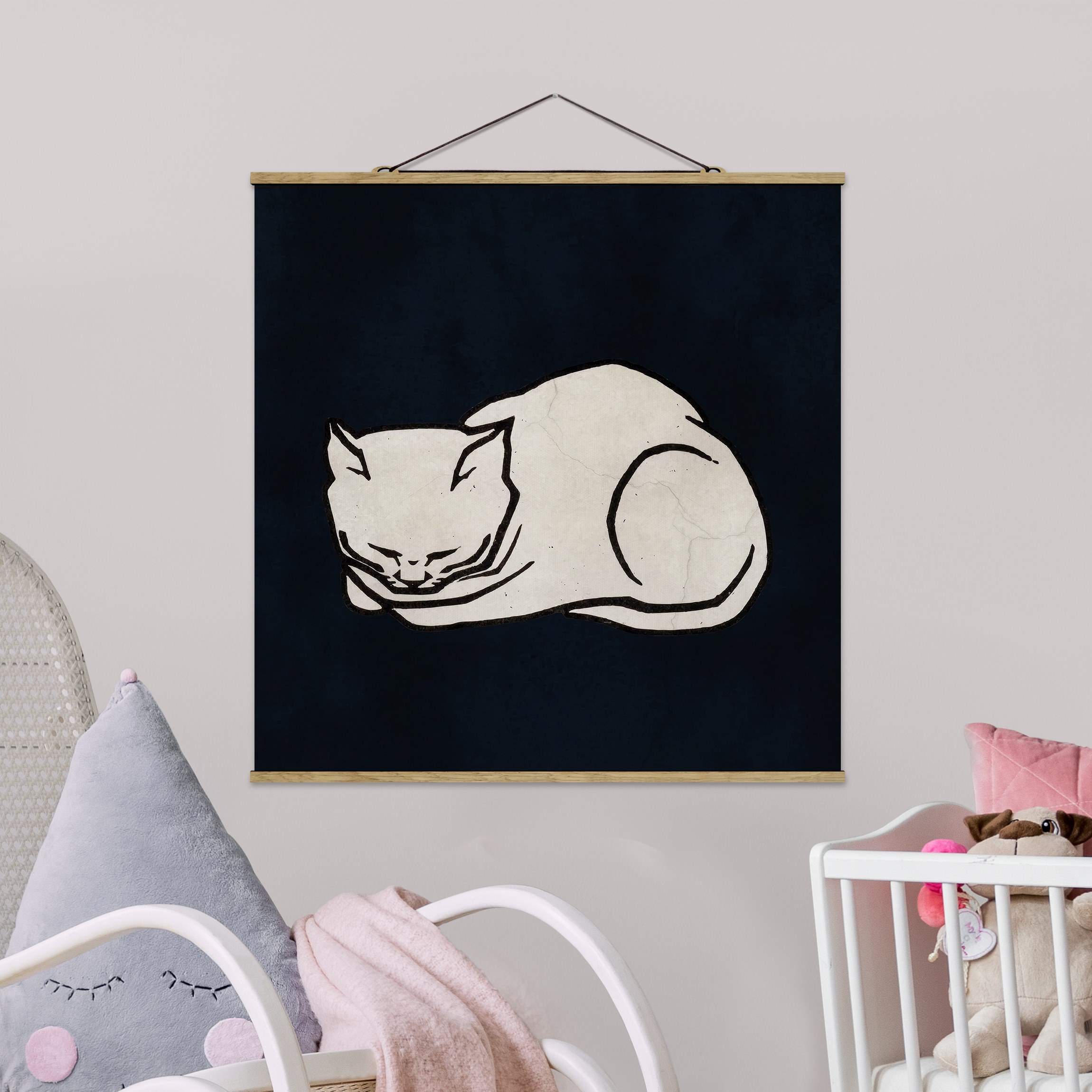 Stoffbild mit Posterleisten Schlafende Katze Illustration