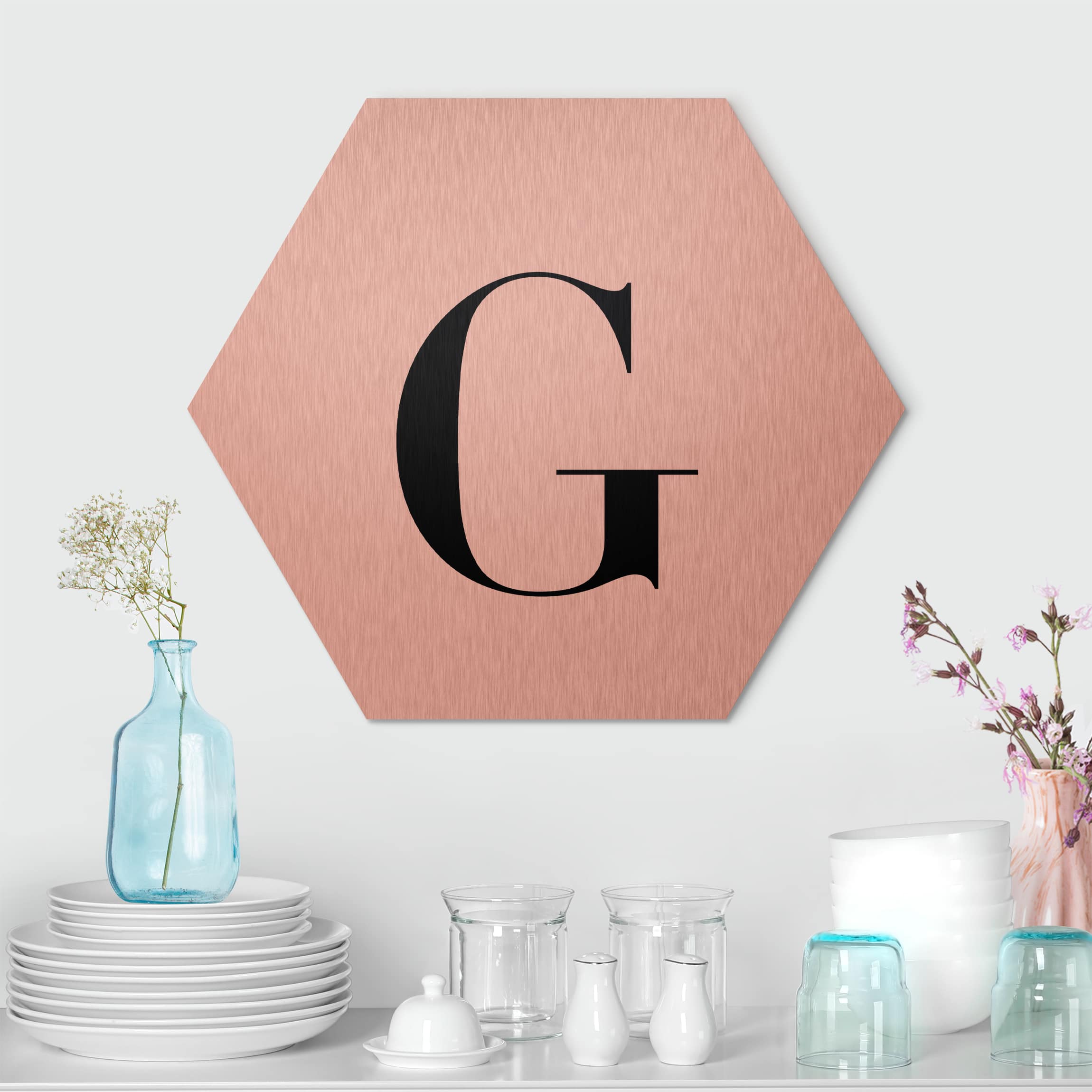 Hexagon-Alu-Dibond Bild Buchstabe Serif Weiß G