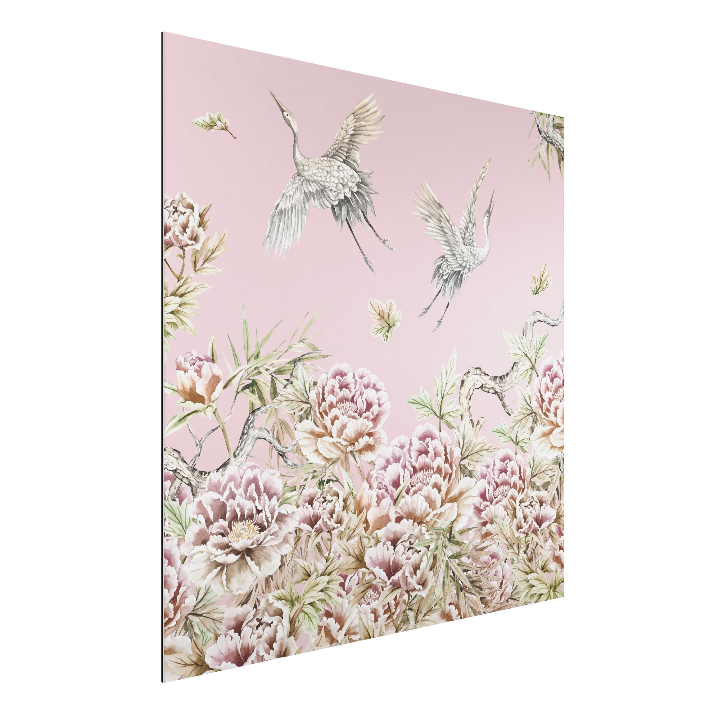 Alu-Dibond Outdoor Bild Aquarell Störche im Flug mit Rosen auf Rosa