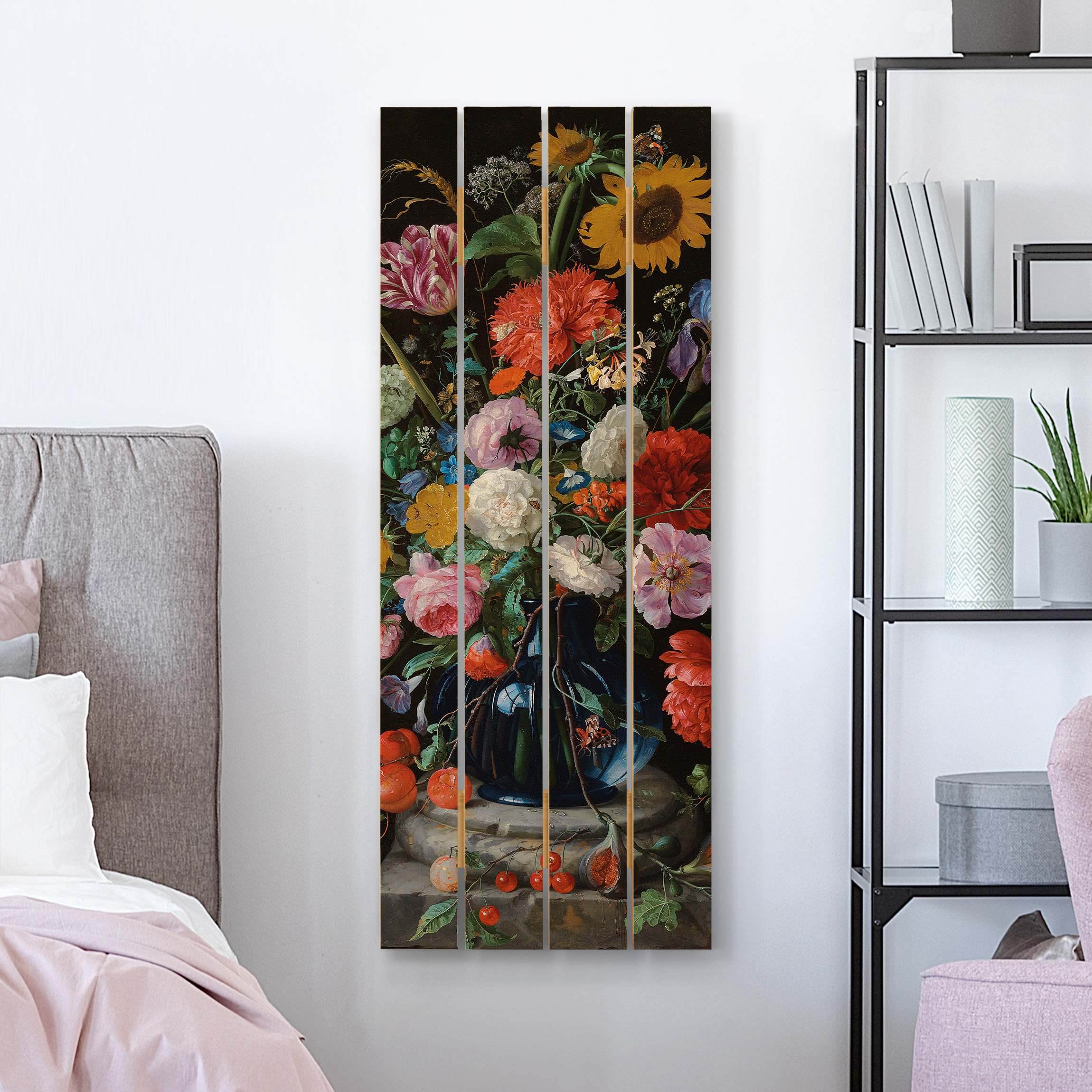 Holzbild Plankenoptik - Hochformat Jan Davidsz de Heem - Glasvase mit Blumen