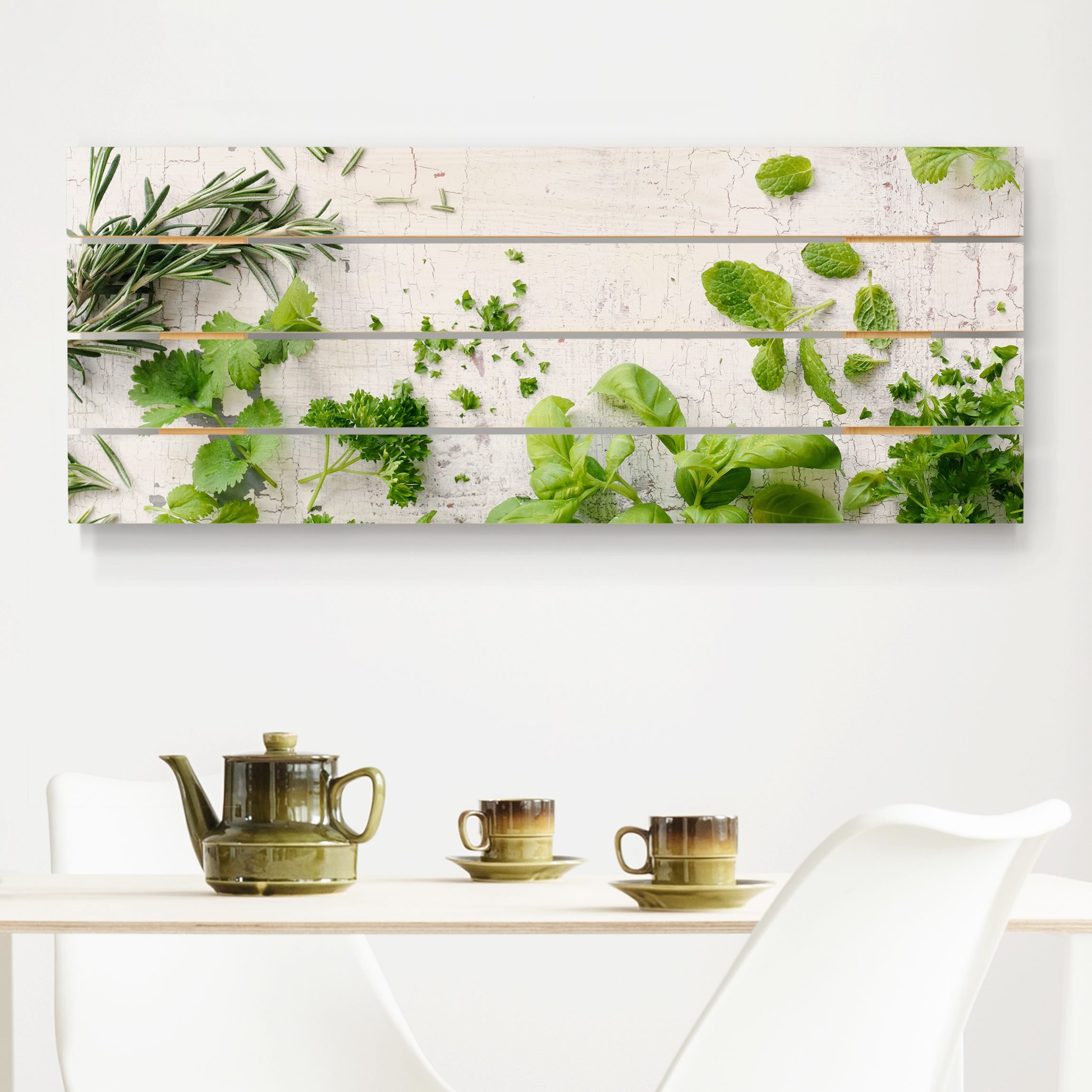 Holzbild Plankenoptik - Panorama Kräuter auf Holz Shabby