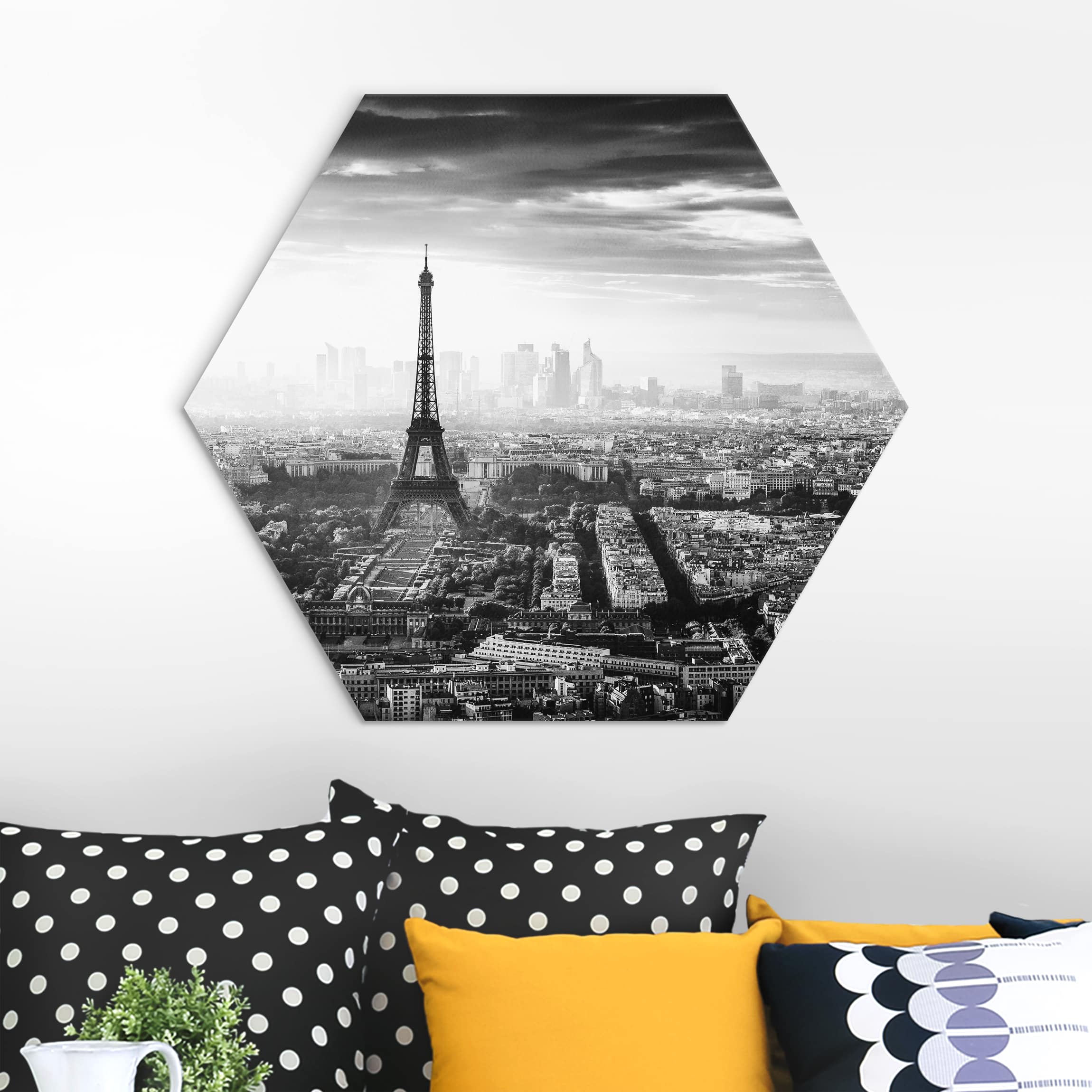 Hexagon-Alu-Dibond Bild Der Eiffelturm von Oben Schwarz-weiß