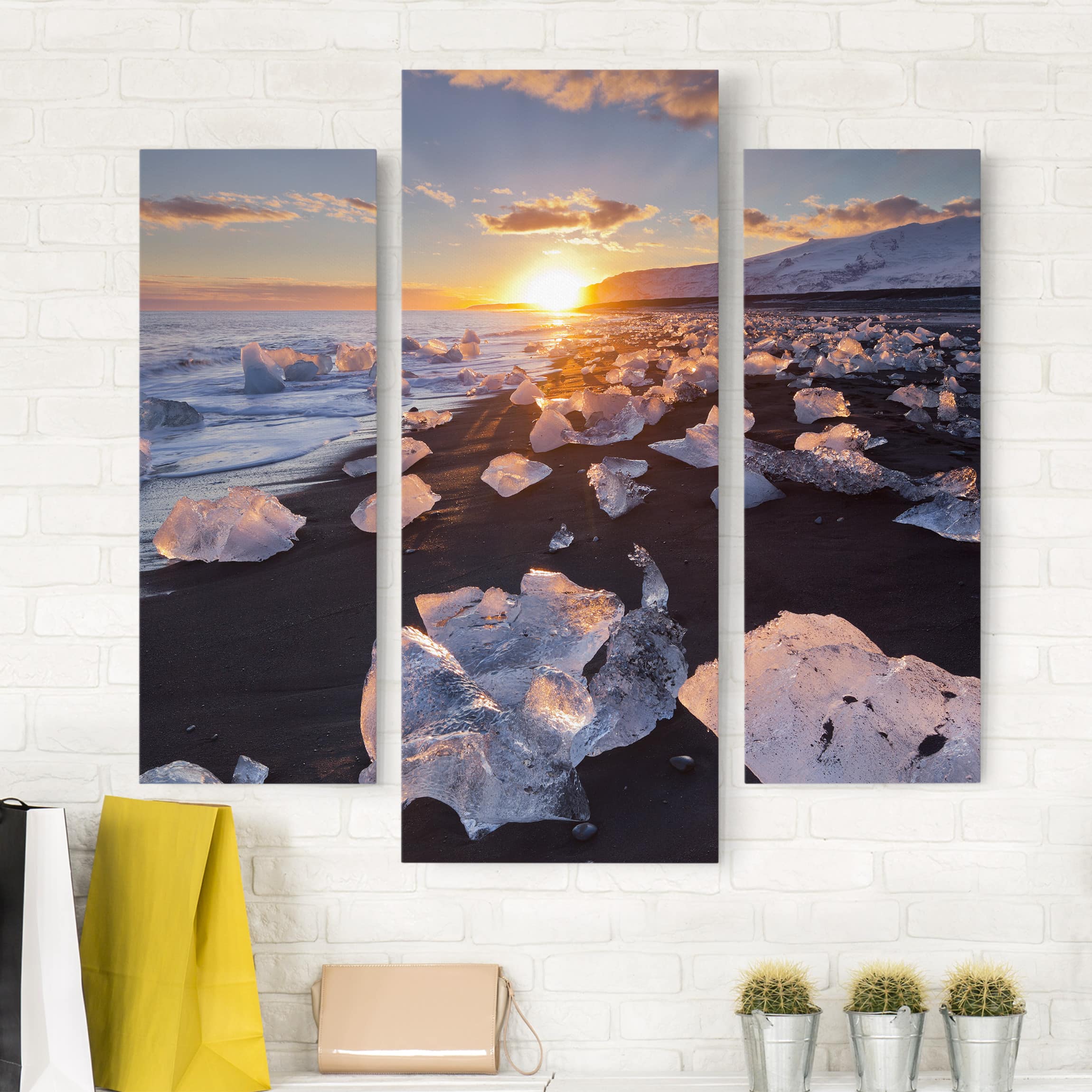 3-teiliges Leinwandbild - Querformat Eisbrocken am Strand Island