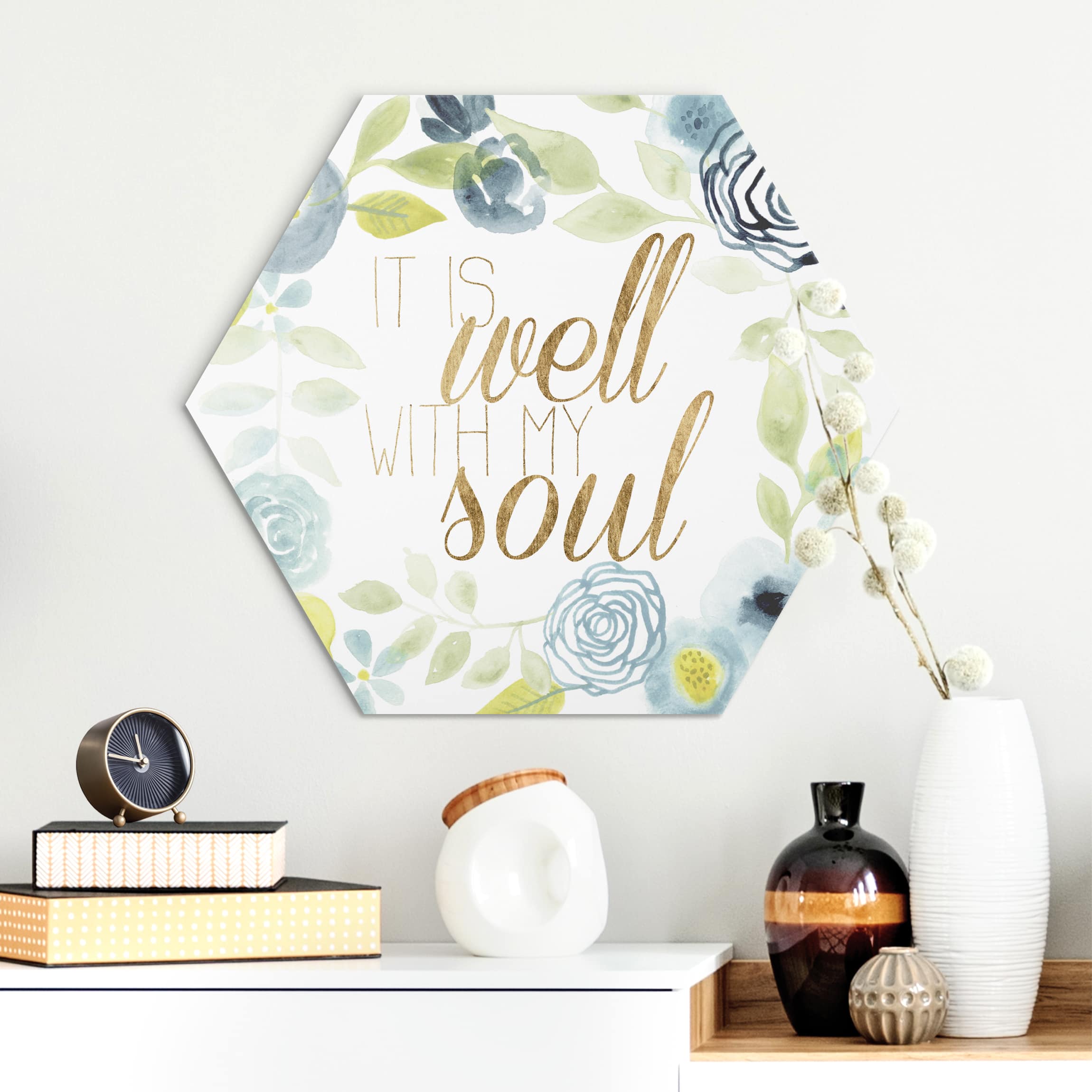 Hexagon-Alu-Dibond Bild Blumenkranz mit Spruch - Soul