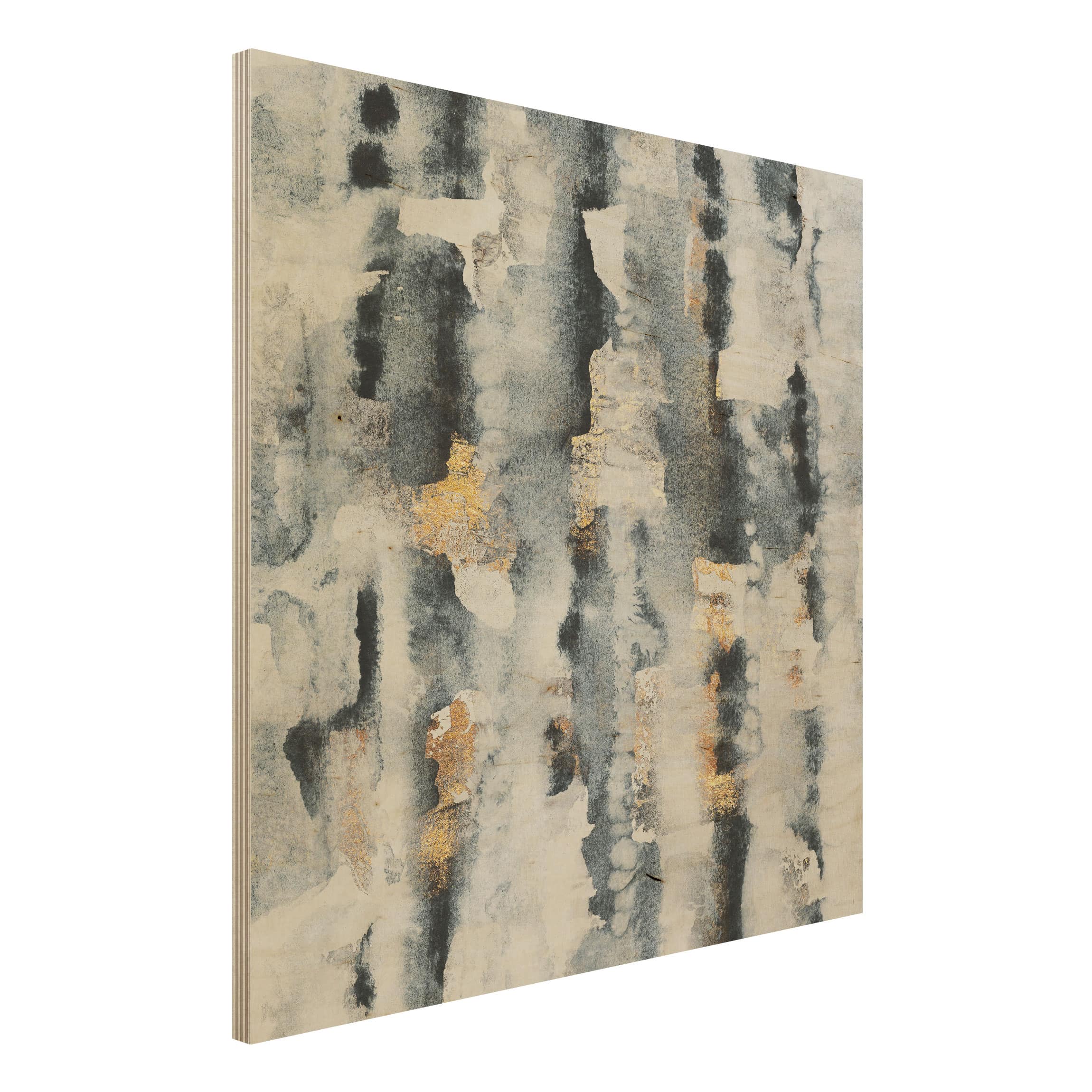 Holzbild - Quadrat Abstraktes Aquarell mit Gold