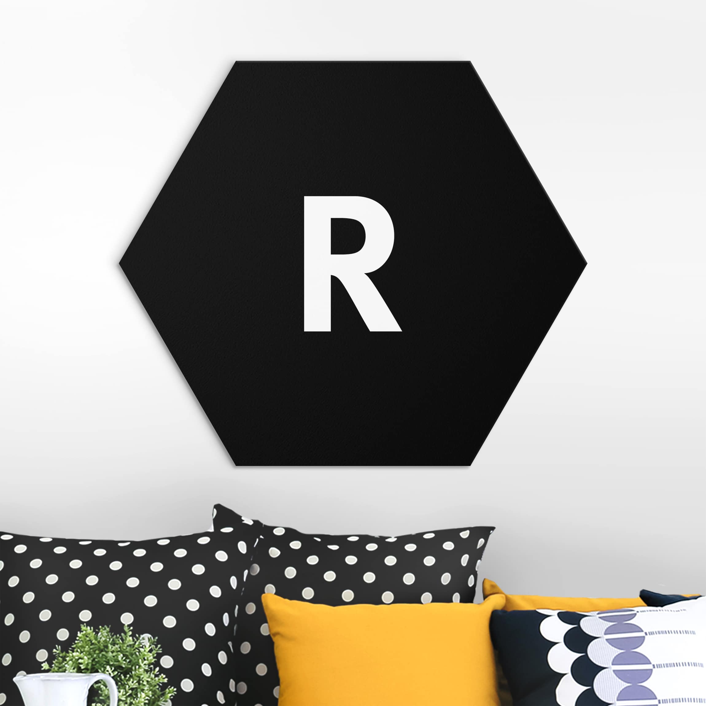 Hexagon-Alu-Dibond Bild Buchstabe Schwarz R