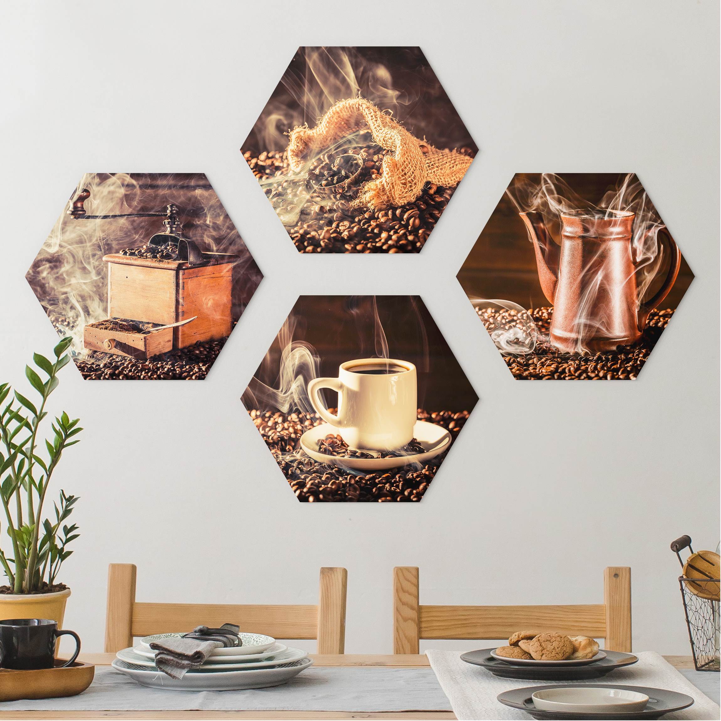 4-teiliges Hexagon-Forexbild Kaffee - Dampf