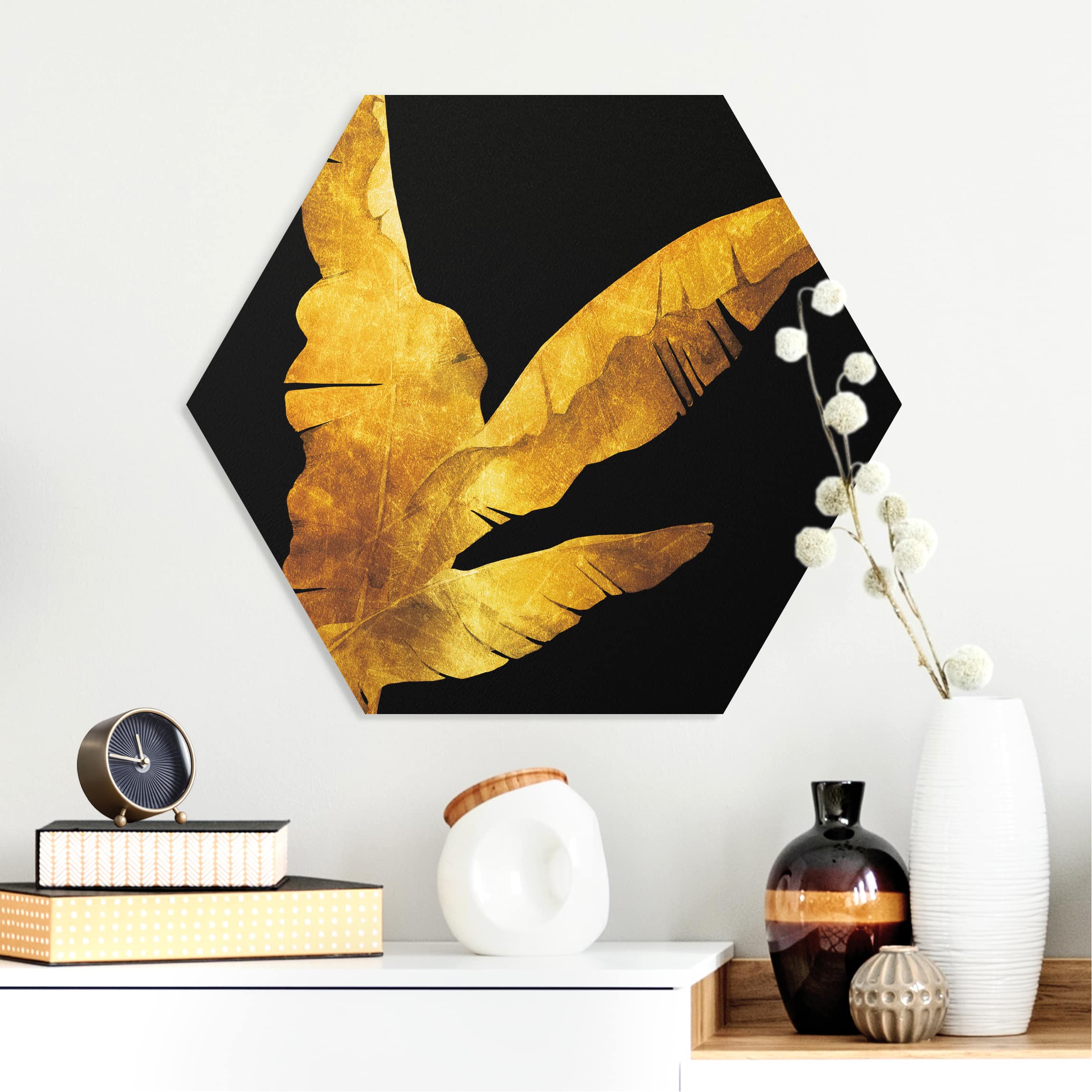 Hexagon-Forexbild Gold - Bananenpalme auf Schwarz
