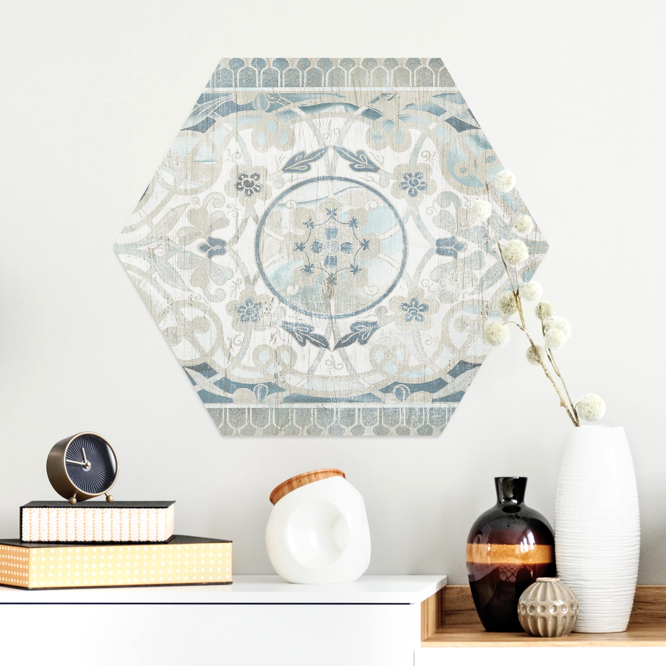 Hexagon-Alu-Dibond Bild Holzpaneel Persisch Vintage I