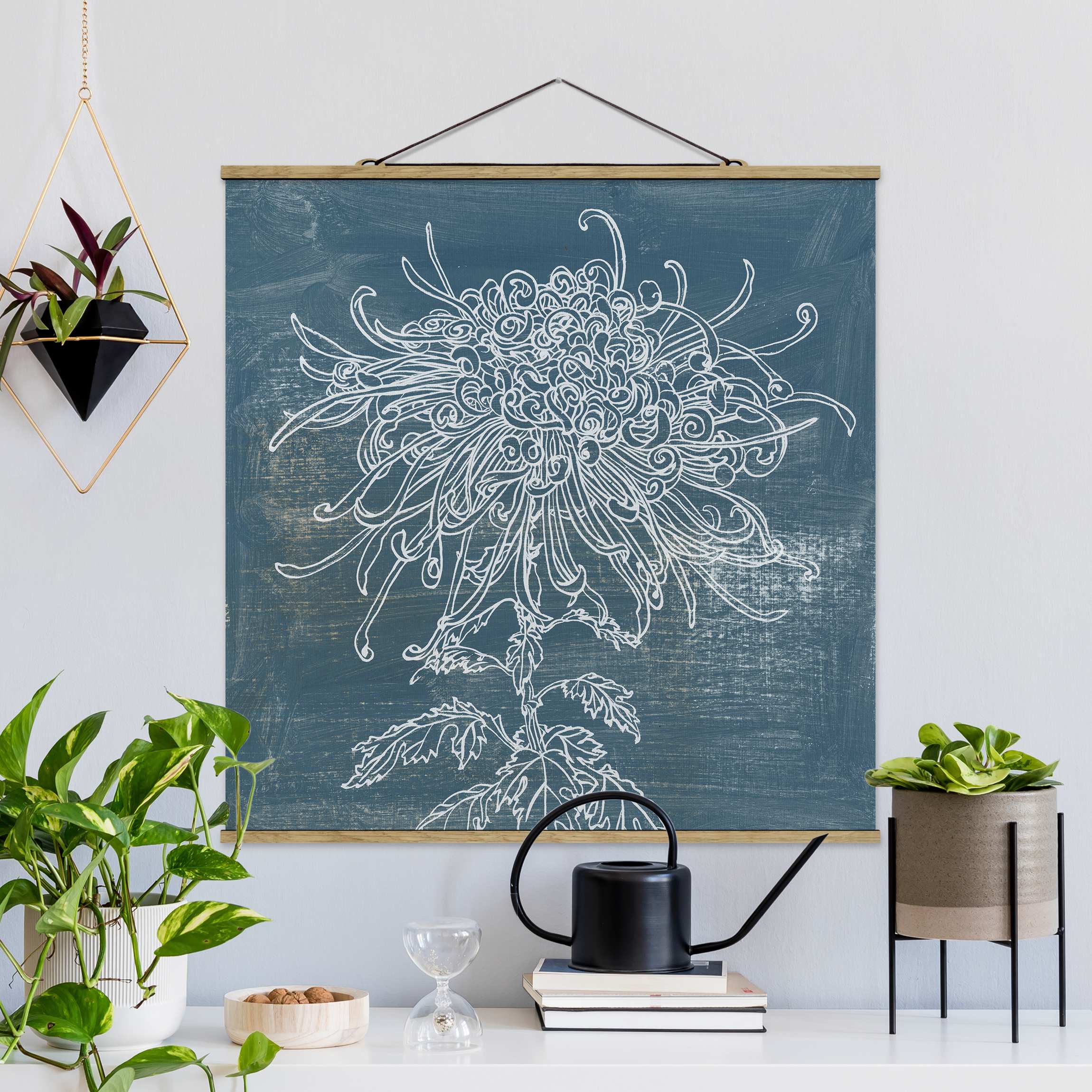 Stoffbild mit Posterleisten Indigo-Pflanzen I