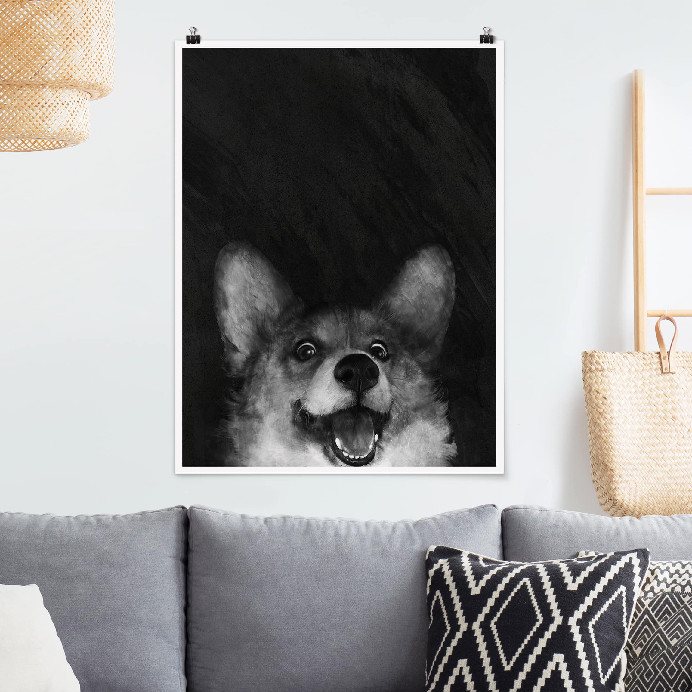 Poster - Hochformat Illustration Hund Corgi Malerei Schwarz Weiß