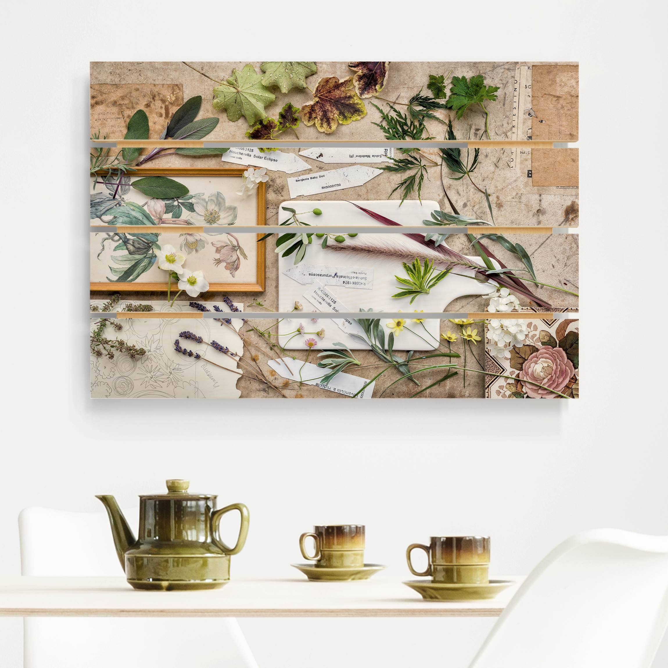 Holzbild Plankenoptik - Querformat Blumen und Gartenkräuter Vintage