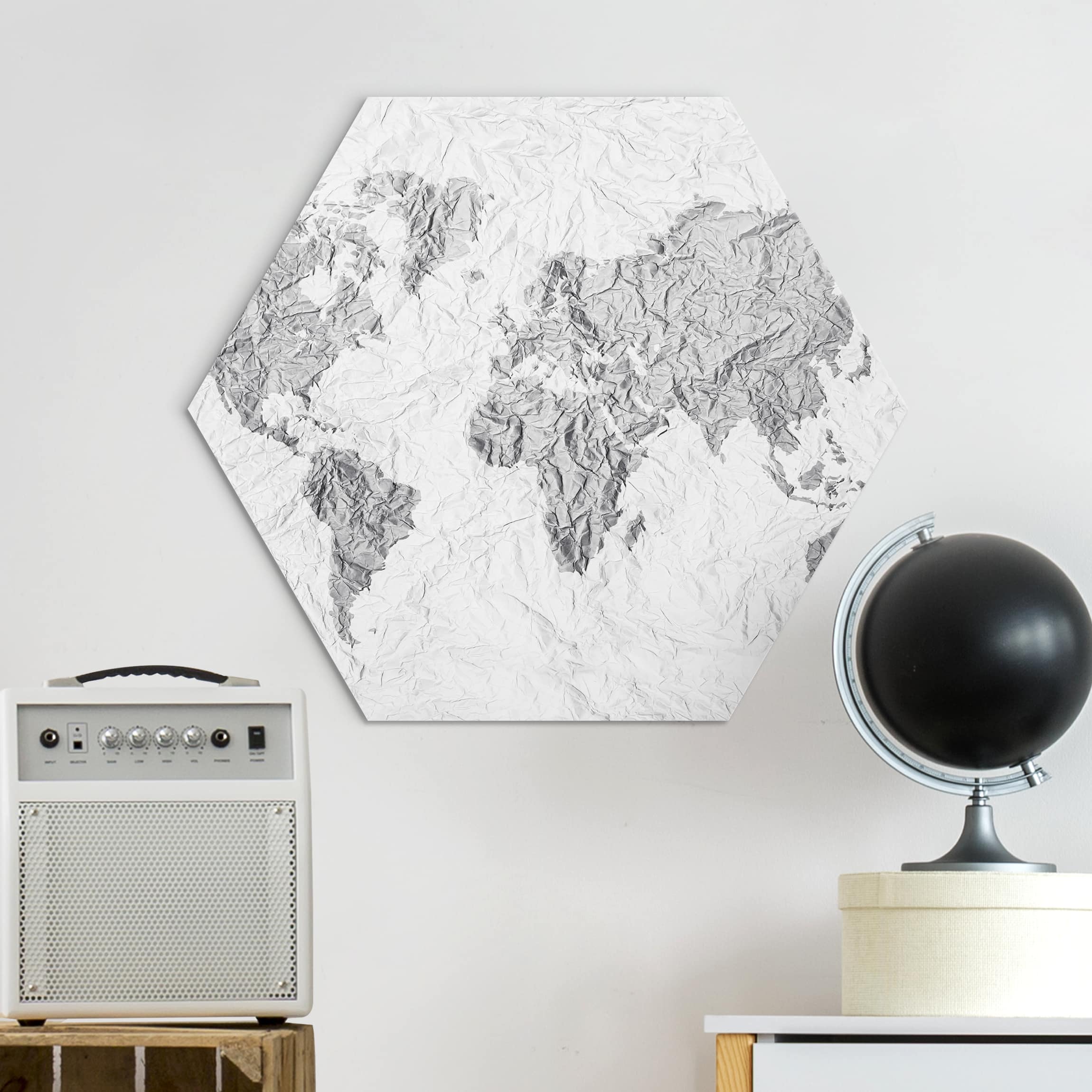 Hexagon-Alu-Dibond Bild Papier Weltkarte Weiß Grau