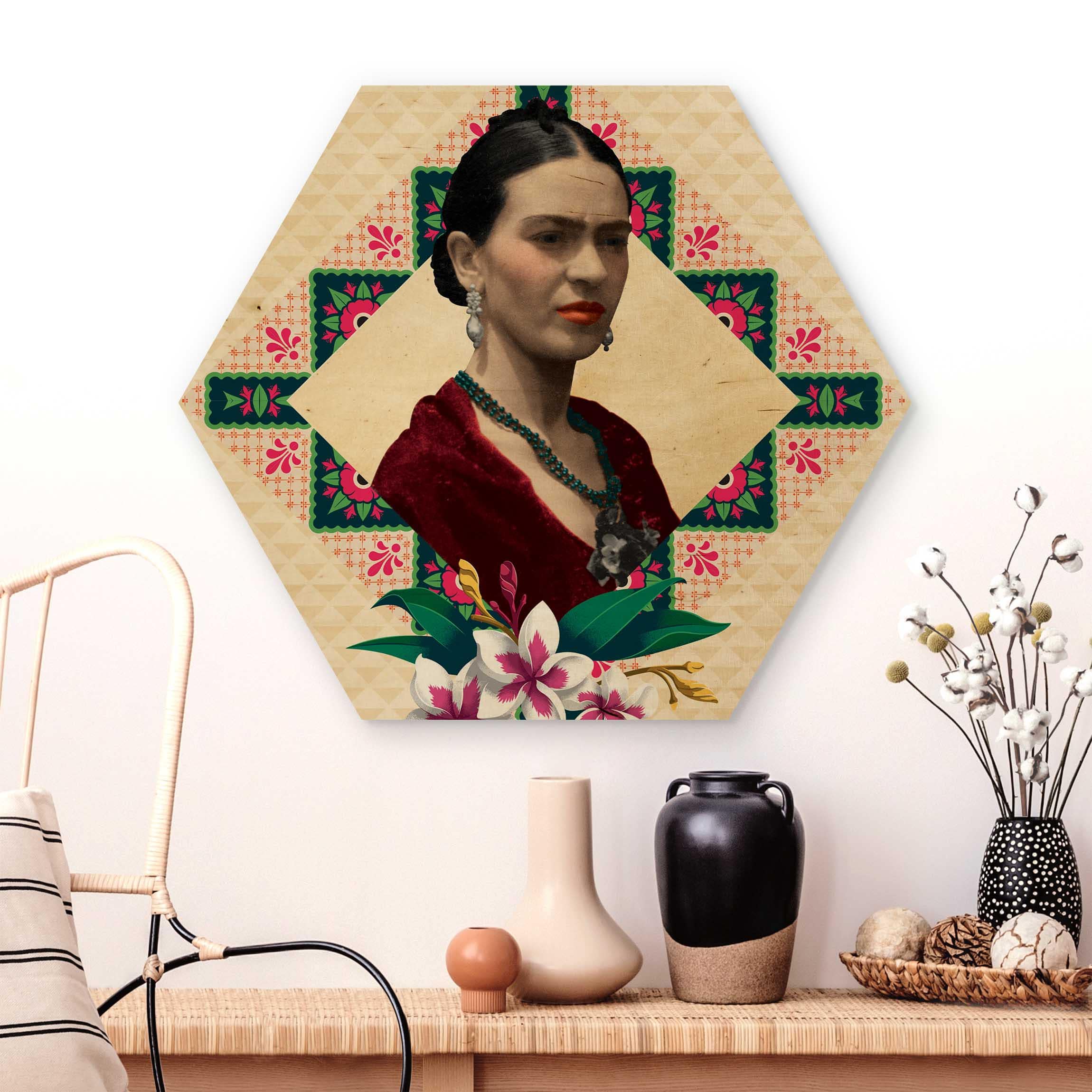 Hexagon-Holzbild Frida Kahlo - Blumen und Geometrie