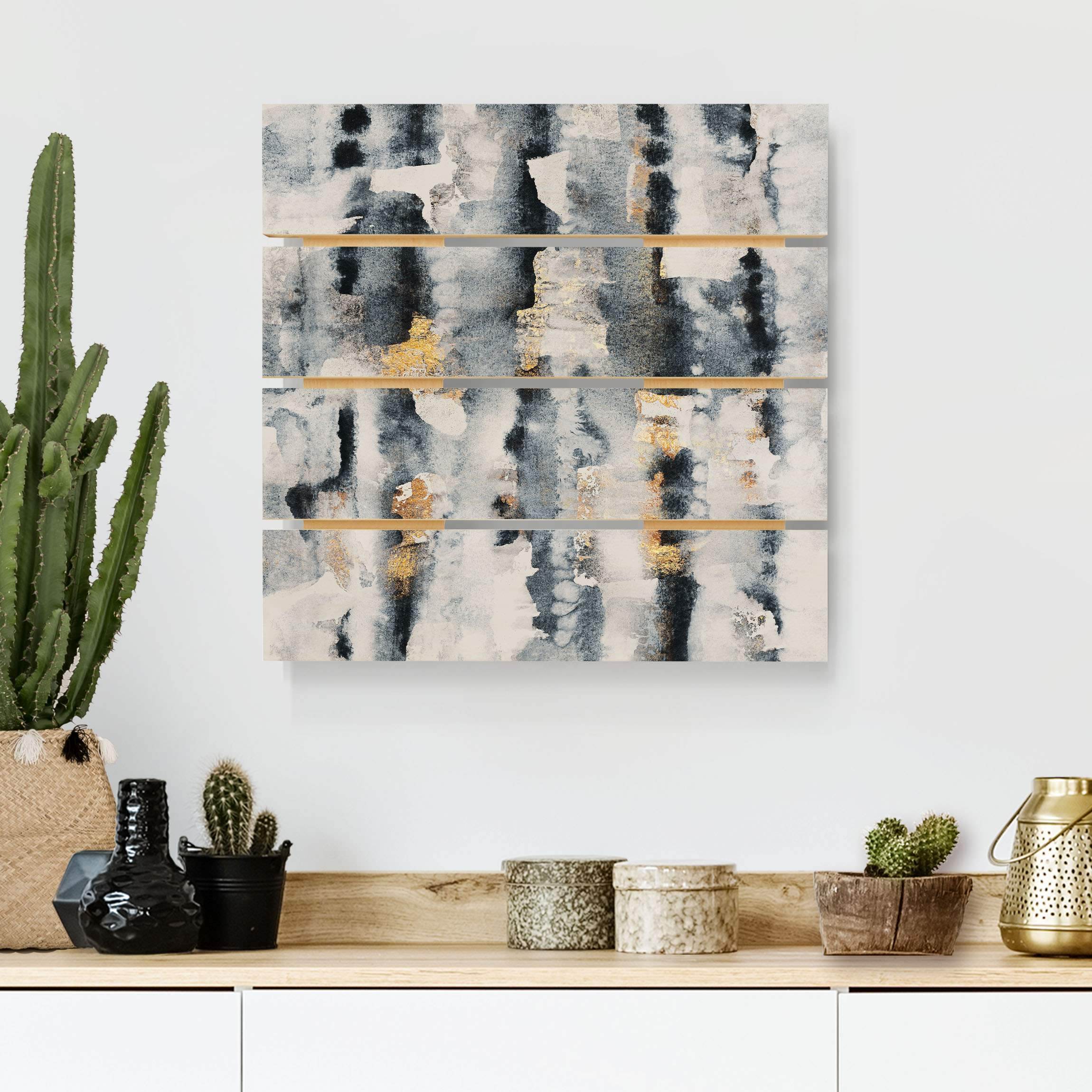Holzbild Plankenoptik - Quadrat Abstraktes Aquarell mit Gold