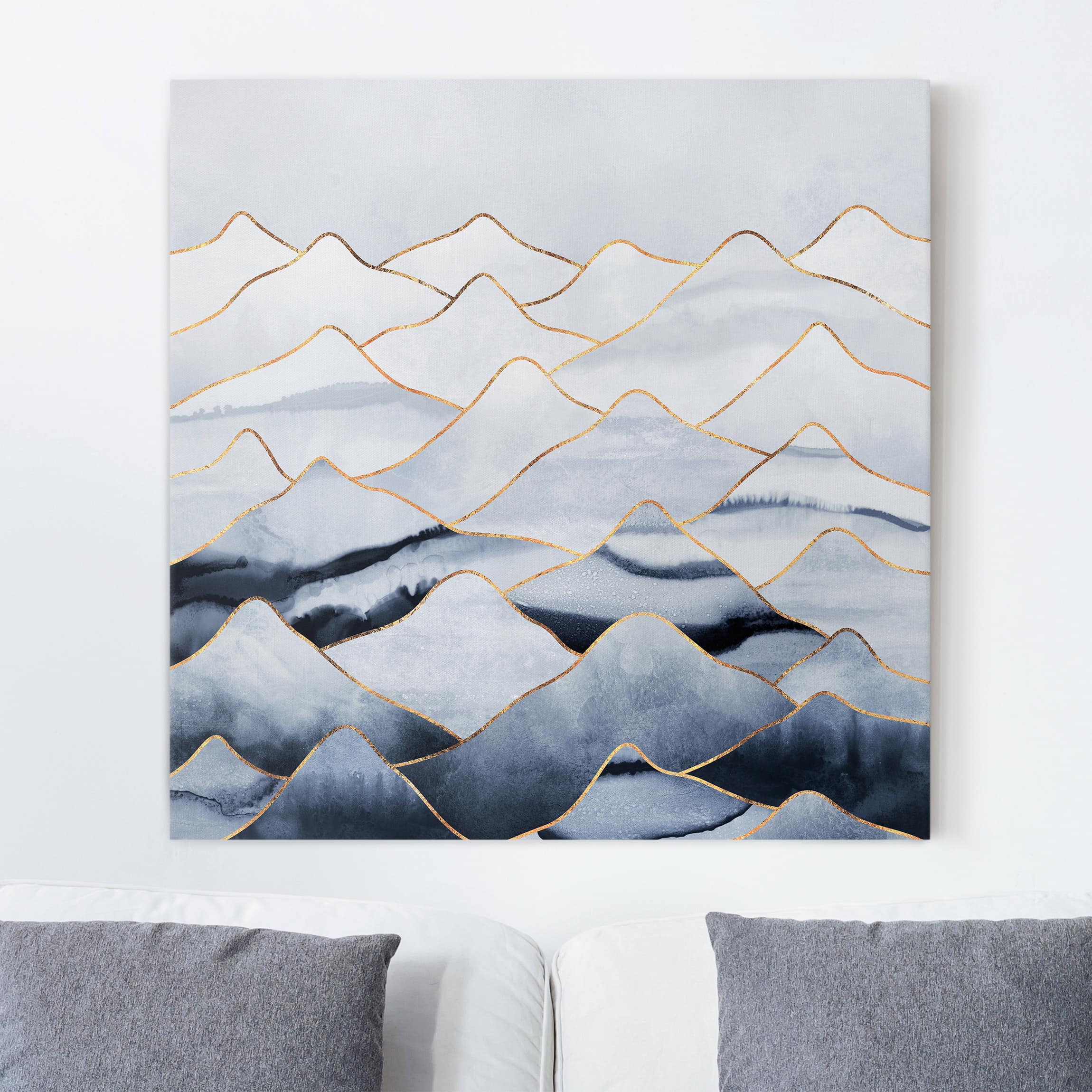 Leinwandbild - Quadrat Aquarell Berge Weiß Gold