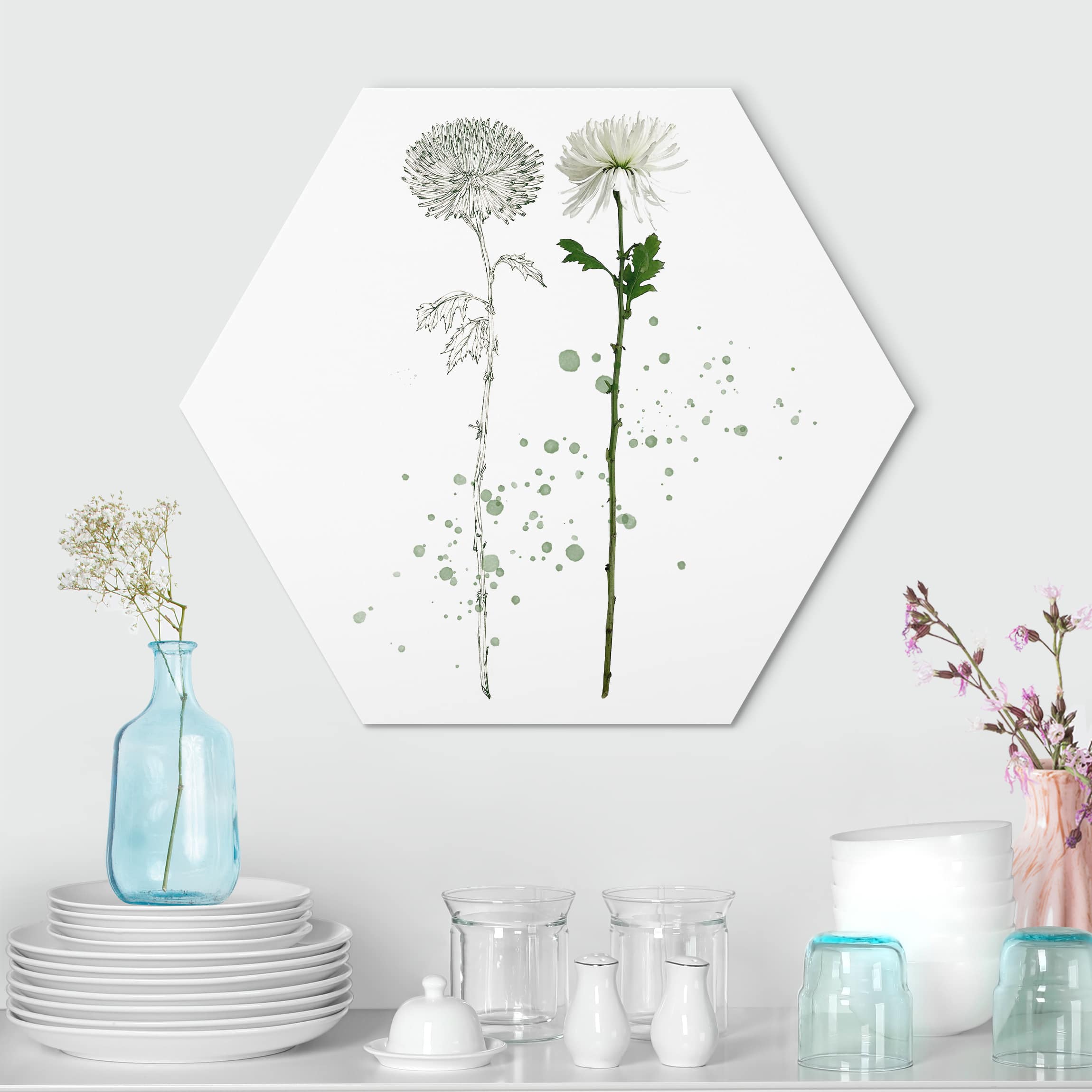 Hexagon-Alu-Dibond Bild Botanisches Aquarell - Löwenzahn