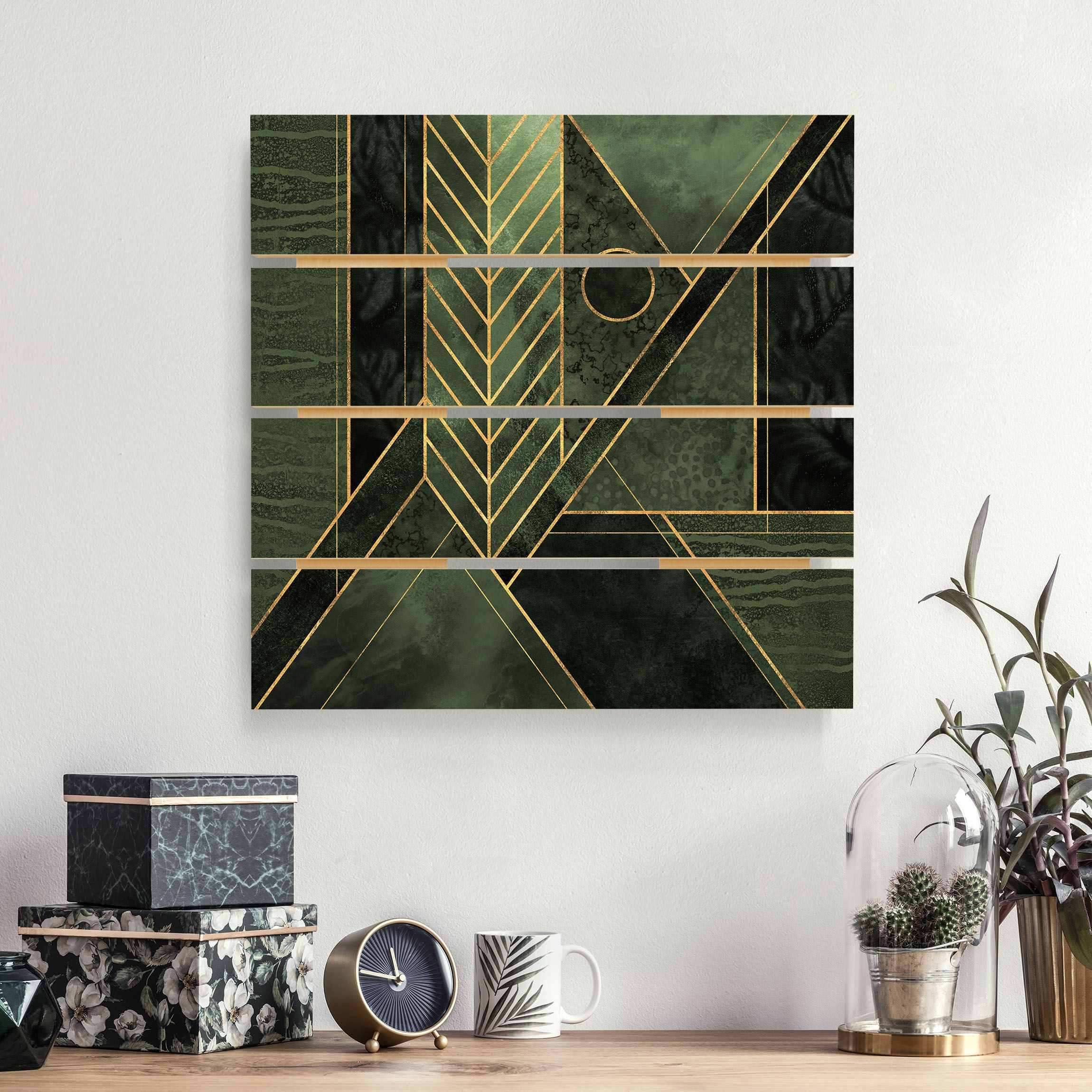 Holzbild Plankenoptik Geometrische Formen Smaragd Gold